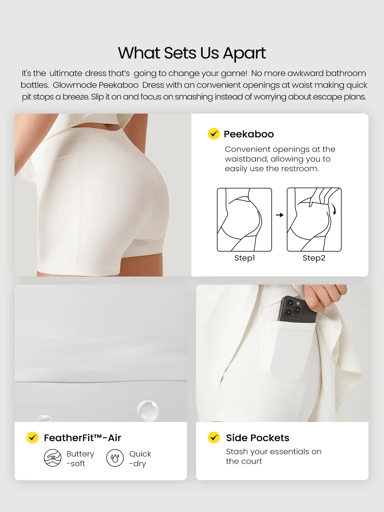 GLOWMODE FeatherFit™-Air Peekaboo Curved One-Shoulder Twisted Backless Dress With Built-In Shorts Low Impact Yoga Daily Removable Cups Spring Summer - White - View 2