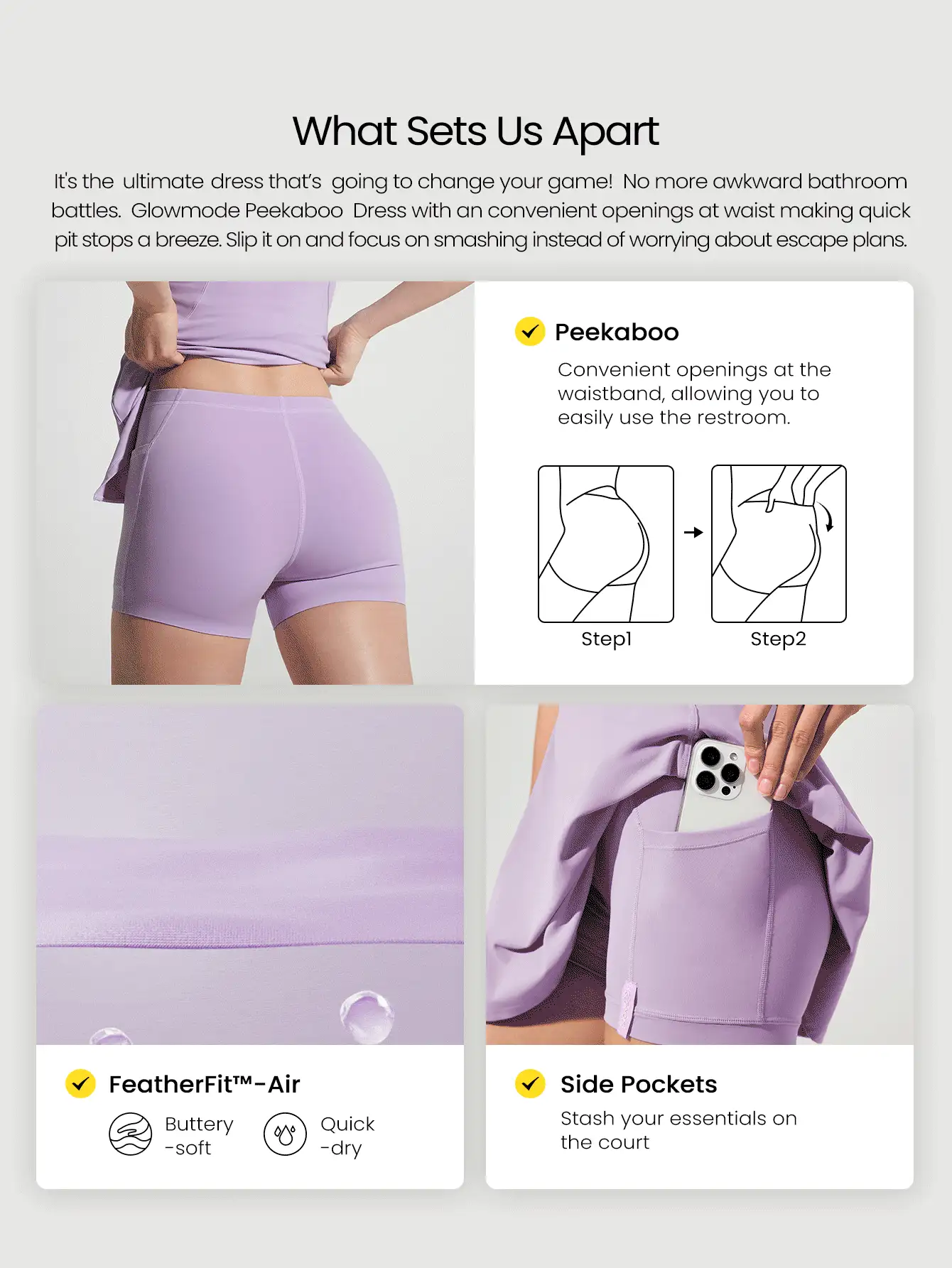 GLOWMODE Váy ngắn Peekaboo FeatherFit™-Air có quần short tích hợp, cổ vuông bỏ túi, chống trượt, dáng chữ thập, hỗ trợ nhẹ, tác động thấp, khô nhanh, thấm hút ẩm - Màu Lilac Tím - Xem 2