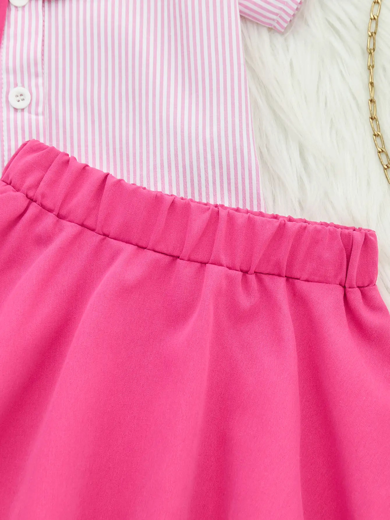 Baby Girls' Minimalist Fashion Magenta Stripe Short Sleeve Top, Magenta Skirt And Shawl Combo Preppy Style Set - Hot Pink - View 6