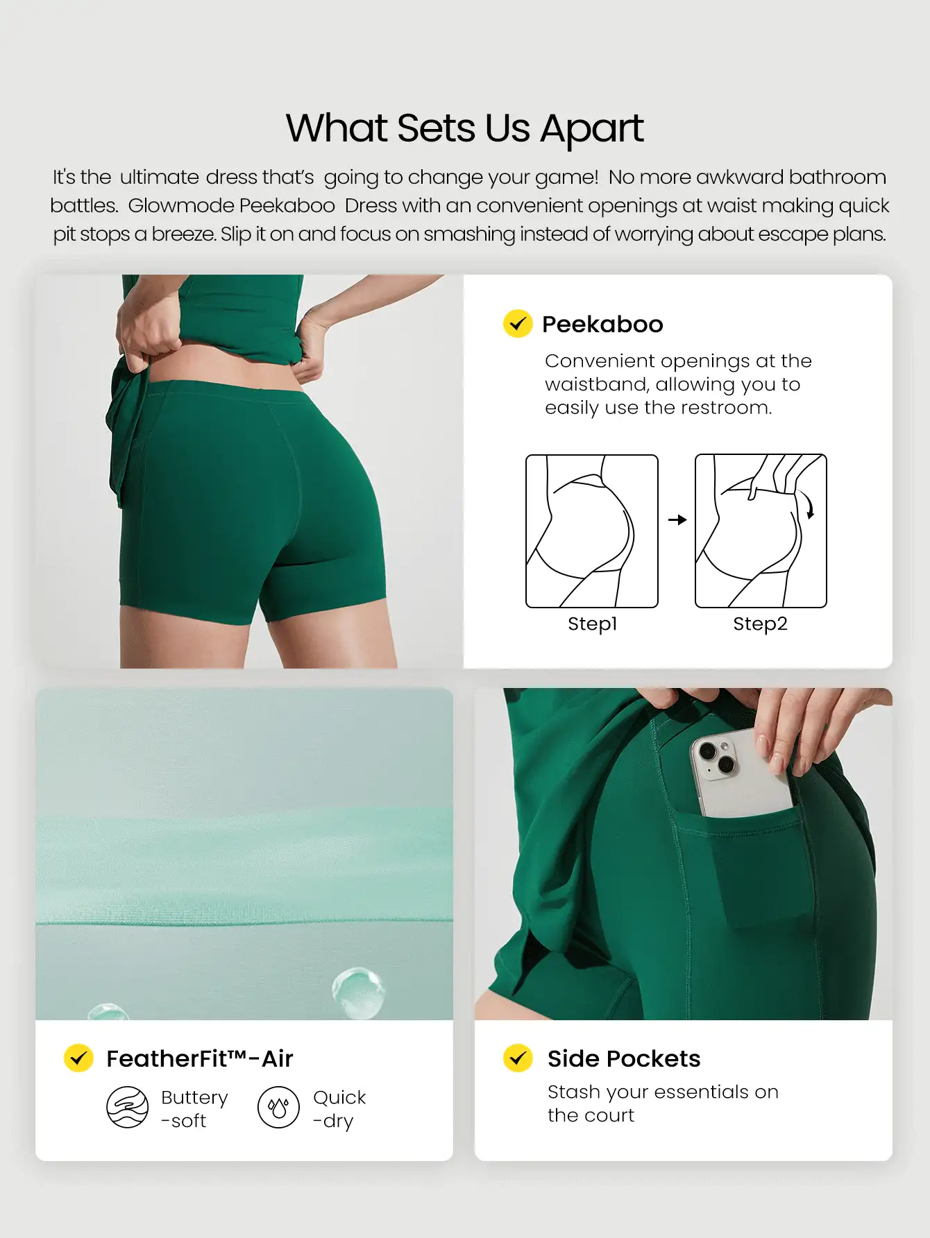 GLOWMODE Quick-Dry Match Point Peekaboo Flattering Seam Front Slit Square Neck Racerback Active Dress With Built-In Shorts Side Pockets Non-Slip Grips Low Impact Tennis Golf Pickleball Daily Wear - Green - View 2