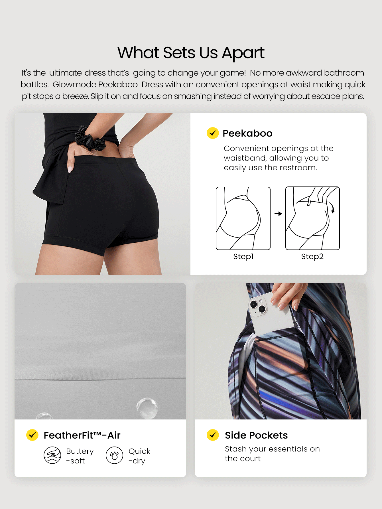 GLOWMODE FeatherFit™-Air Peekaboo Adjustable Racerback Square Neck Pocket Anti-Slip Powerful Dress With Built-In Shorts Light Support Low Impact Yoga Pilates Studio Summer Quick Dry Moisture Wicking - Multicolor - View 2