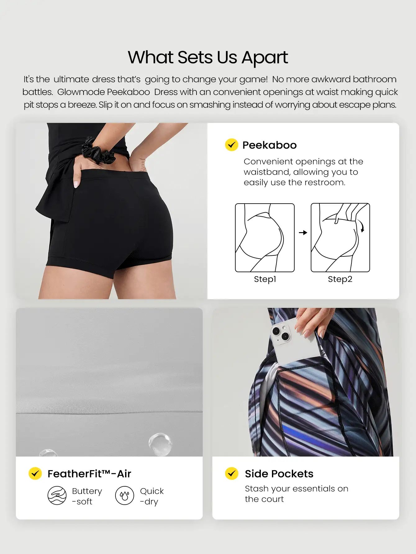 GLOWMODE Vestido FeatherFit™-Air con pantalón corto incorporado, cuello cuadrado ajustable en la espalda, bolsillo, anti-deslizante, ligera sujeción, yoga de bajo impacto, verano, secado rápido, transpirable - Multicolor - Ver 2