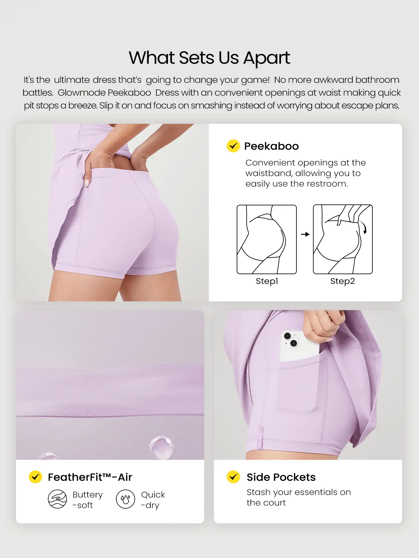 GLOWMODE FeatherFit™-Air Peekaboo Mini Dress With Built-In Shorts Pocket Square Neck Anti-Slip Crisscross Quick Dry Spring - Mauve Purple - View 2