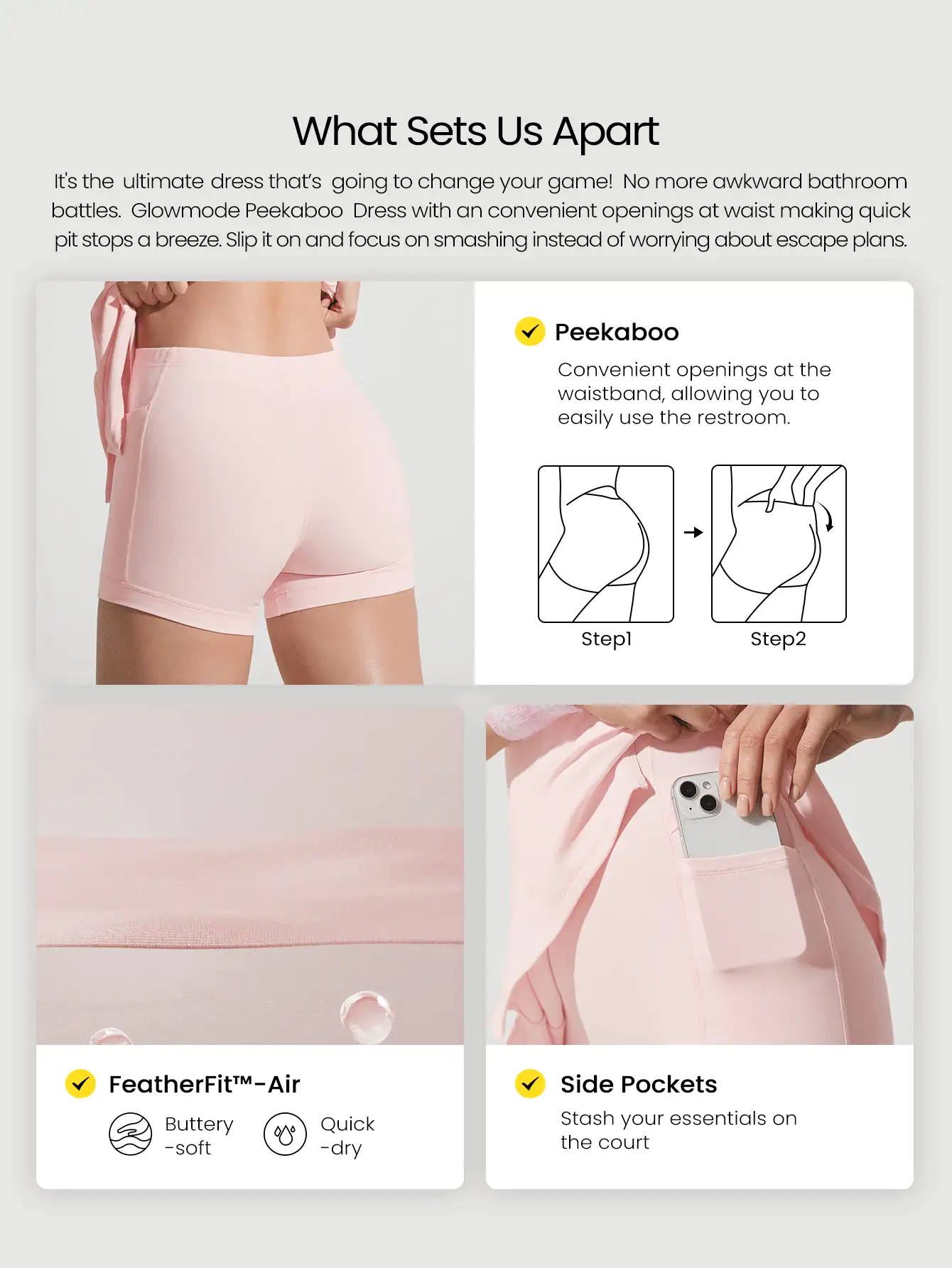 GLOWMODE FeatherFit™-Air Elevate A-Line Built-In Peekaboo Short Pocket Mini Slip Dress Tác động thấp Hàng ngày Mùa hè Nhanh khô Thấm hút ẩm - Màu Hồng baby - Xem 2