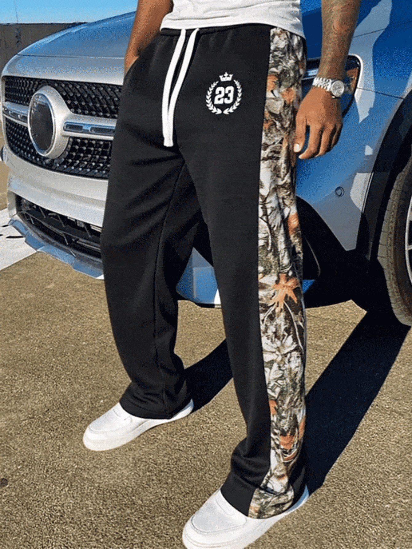 Manfinity Roghcode 男士黑色迷彩树枝印花运动裤，彰显街头风格，时尚百搭休闲直筒裤，是送给男朋友或丈夫的绝佳礼物，男士慢跑裤，优质男士运动裤，男士街头潮流裤，健身裤 - 黑色 - 查看 2