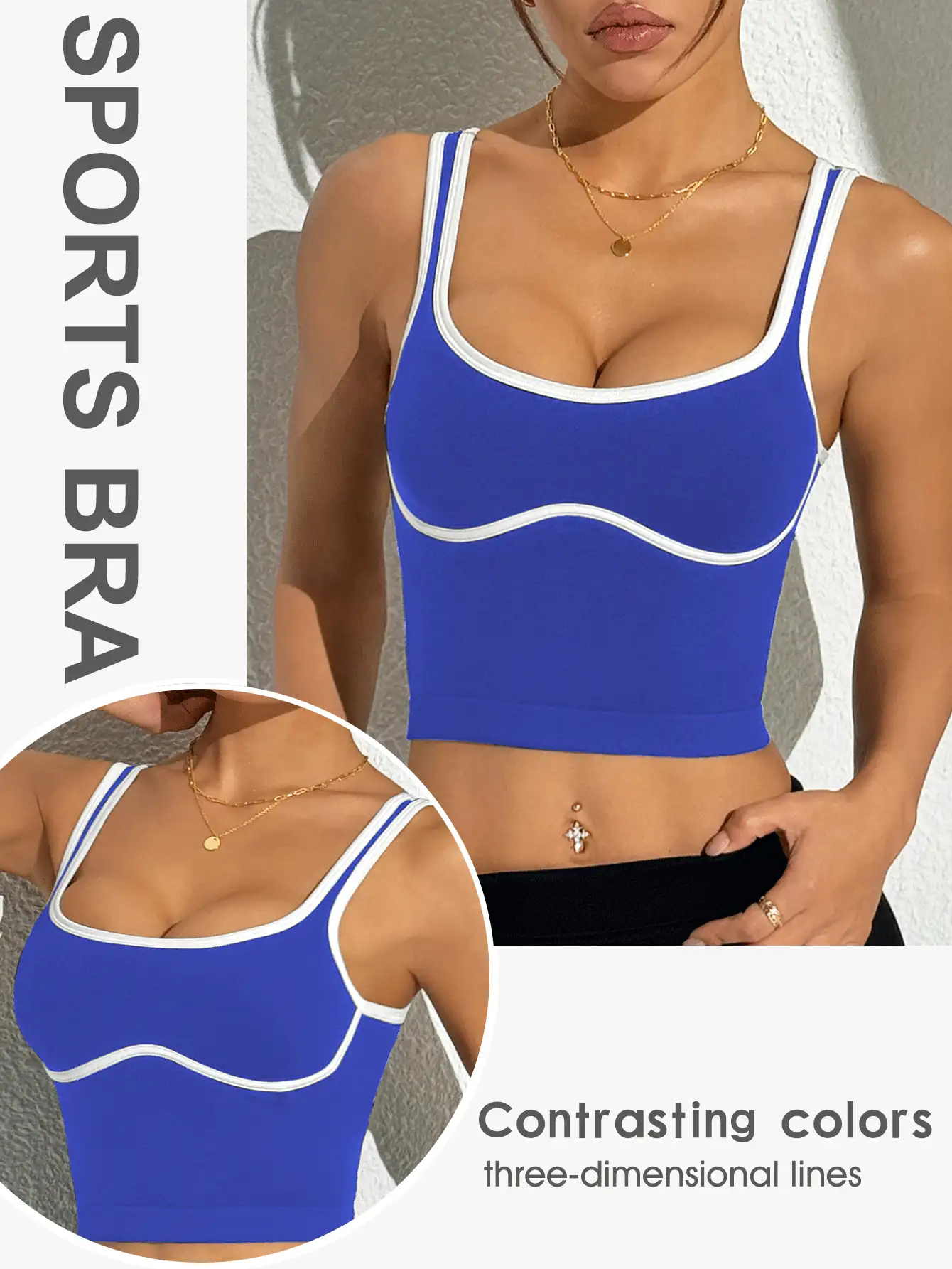 SHEIN Dewbera 女式撞色边无袖运动背心,适合夏季穿着 - 寶藍色 - 查看 2