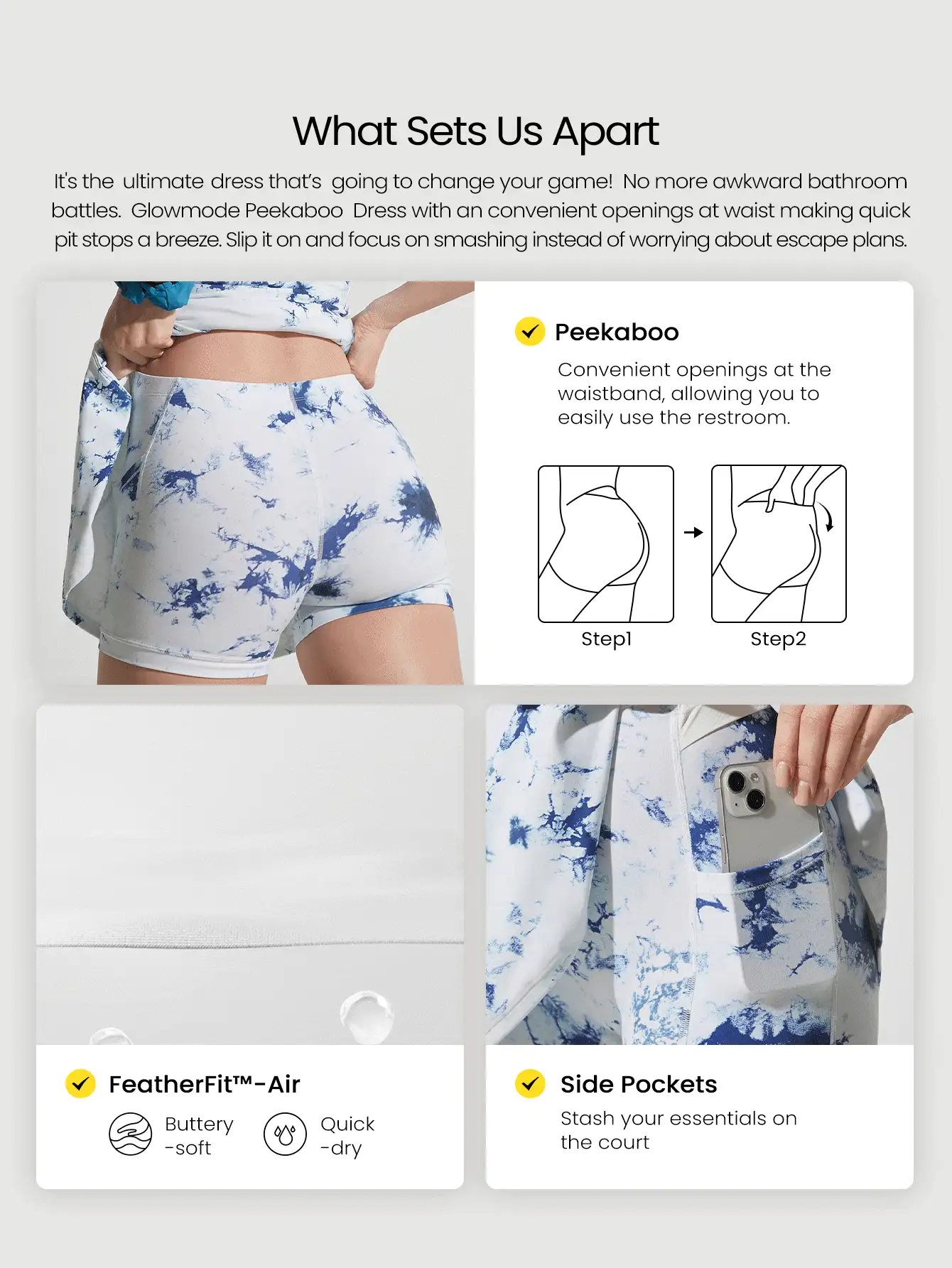 GLOWMODE FeatherFit™-Air Peekaboo Mini Dress With Built-In Shorts Pocket Square Neck Anti-Slip Crisscross Quick Dry Moisture Wicking Spring - Multicolor - View 2