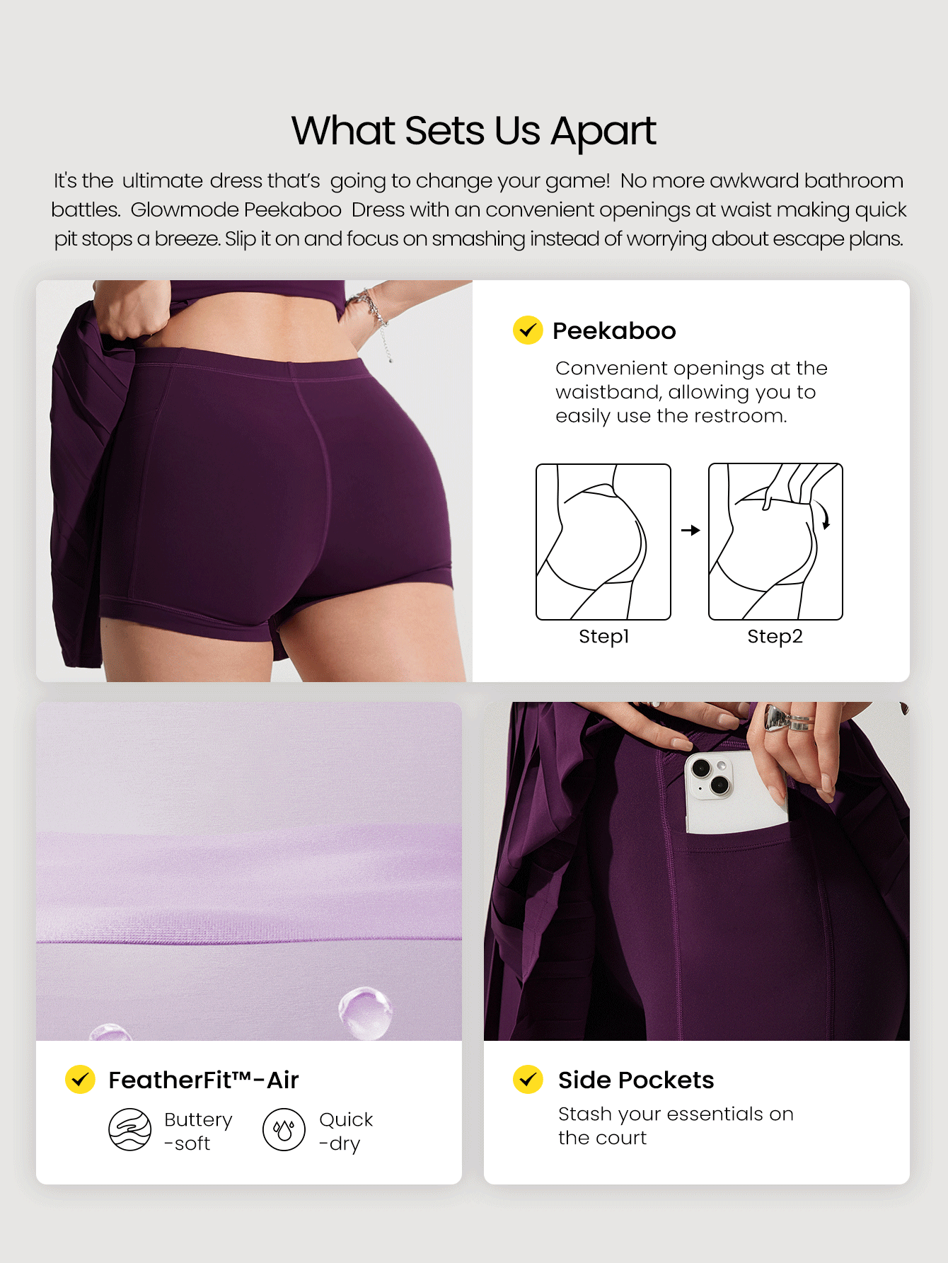 GLOWMODE FeatherFit™-Air Easy Breezy Peekaboo Square-Neck Adjustable Racerback Pleated Active Dress With Built-In Shorts Side Pockets Non-Slip Grips Low Impact Tennis Golf Pickleball Daily Wear Removable Cups - Cherry Cola - View 2