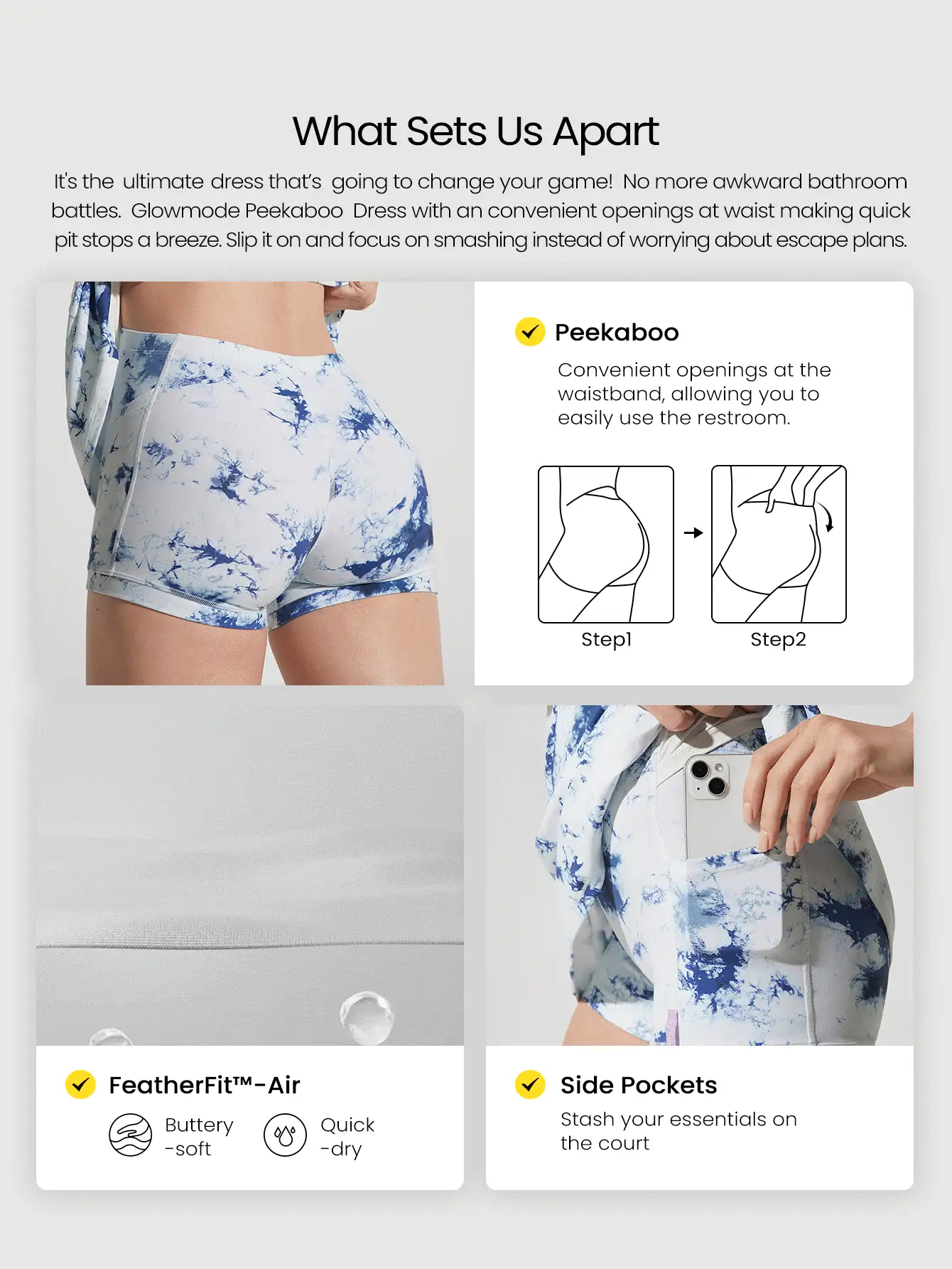 GLOWMODE FeatherFit™-Air Peekaboo 日常内置短裤口袋防滑连衣裙轻度支撑低冲击瑜伽工作室春季连衣裙夏季速干吸湿排汗 - 彩色 - 查看 3