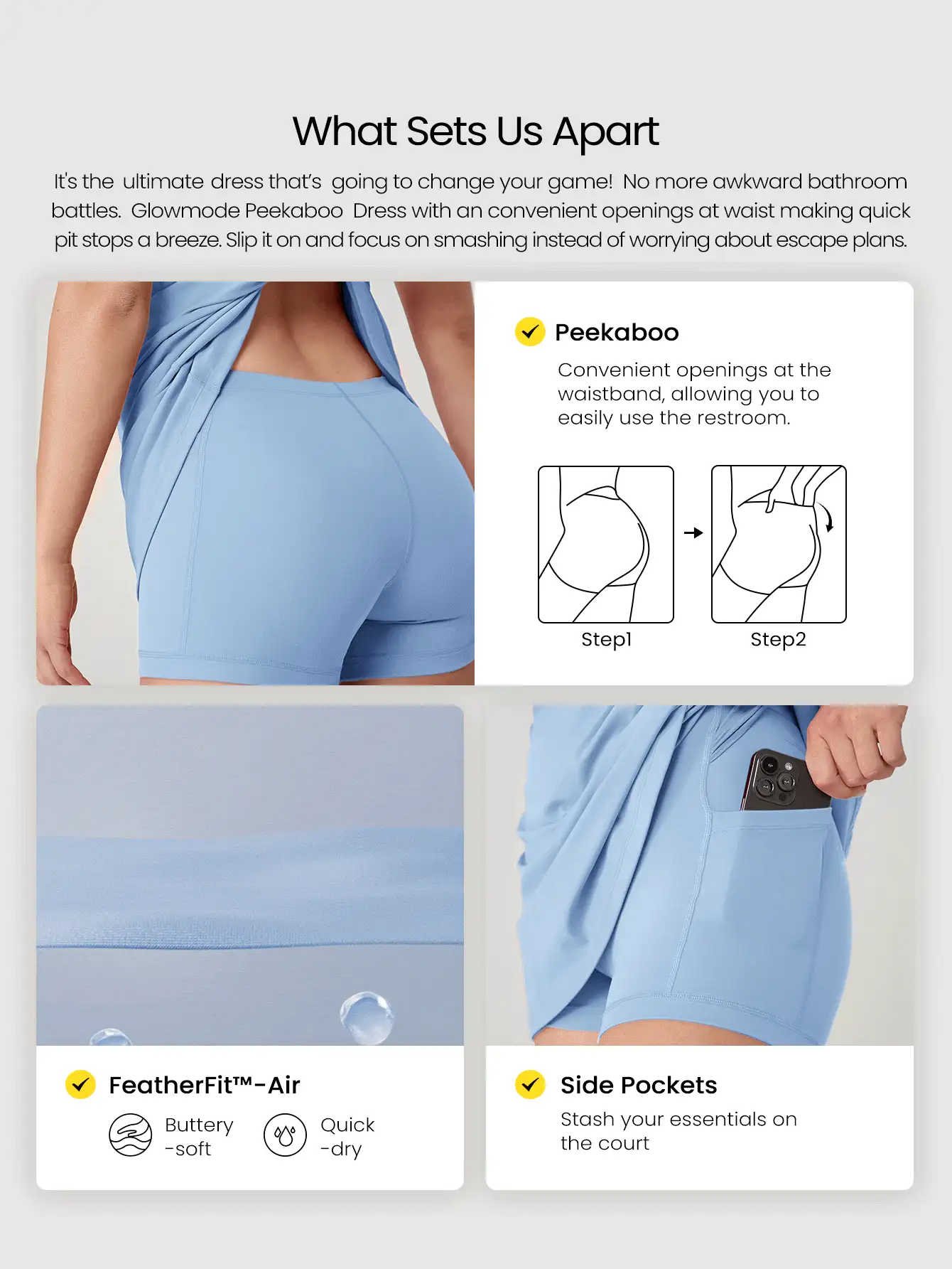 GLOWMODE FeatherFit™-Air Peekaboo Everyday Built-In Shorts Pocket Anti-Slip Dress Light Support Low Impact Yoga Studio Spring Dress Summer Quick Dry Moisture Wicking - Baby Blue - View 3