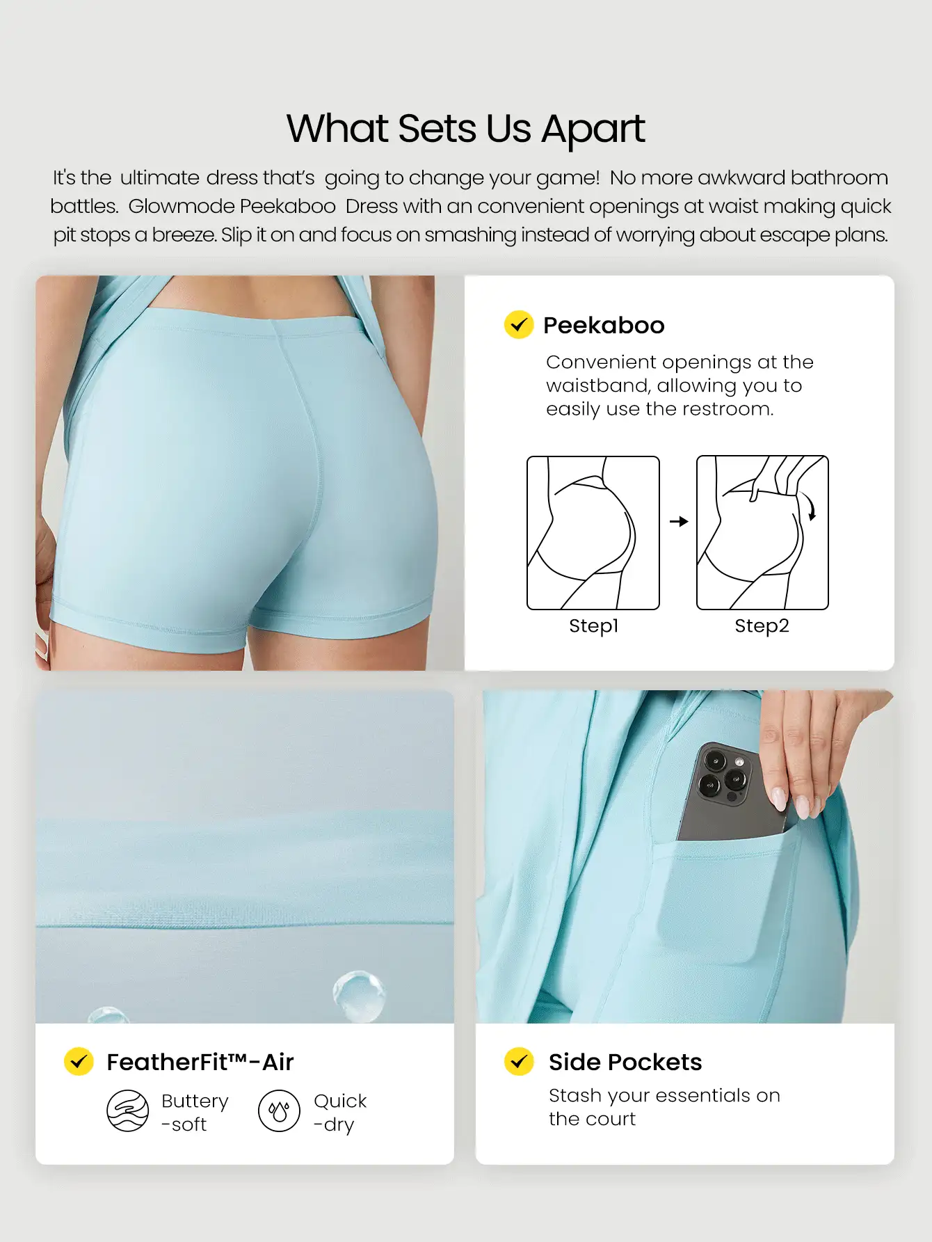 GLOWMODE FeatherFit™-Air Go The Distance 吸汗速干 Peekaboo 内置罩杯 交叉肩带 圆领运动连衣裙 内置短裤 侧袋 防滑握把 低冲击力网球 高尔夫 匹克球 日常穿着