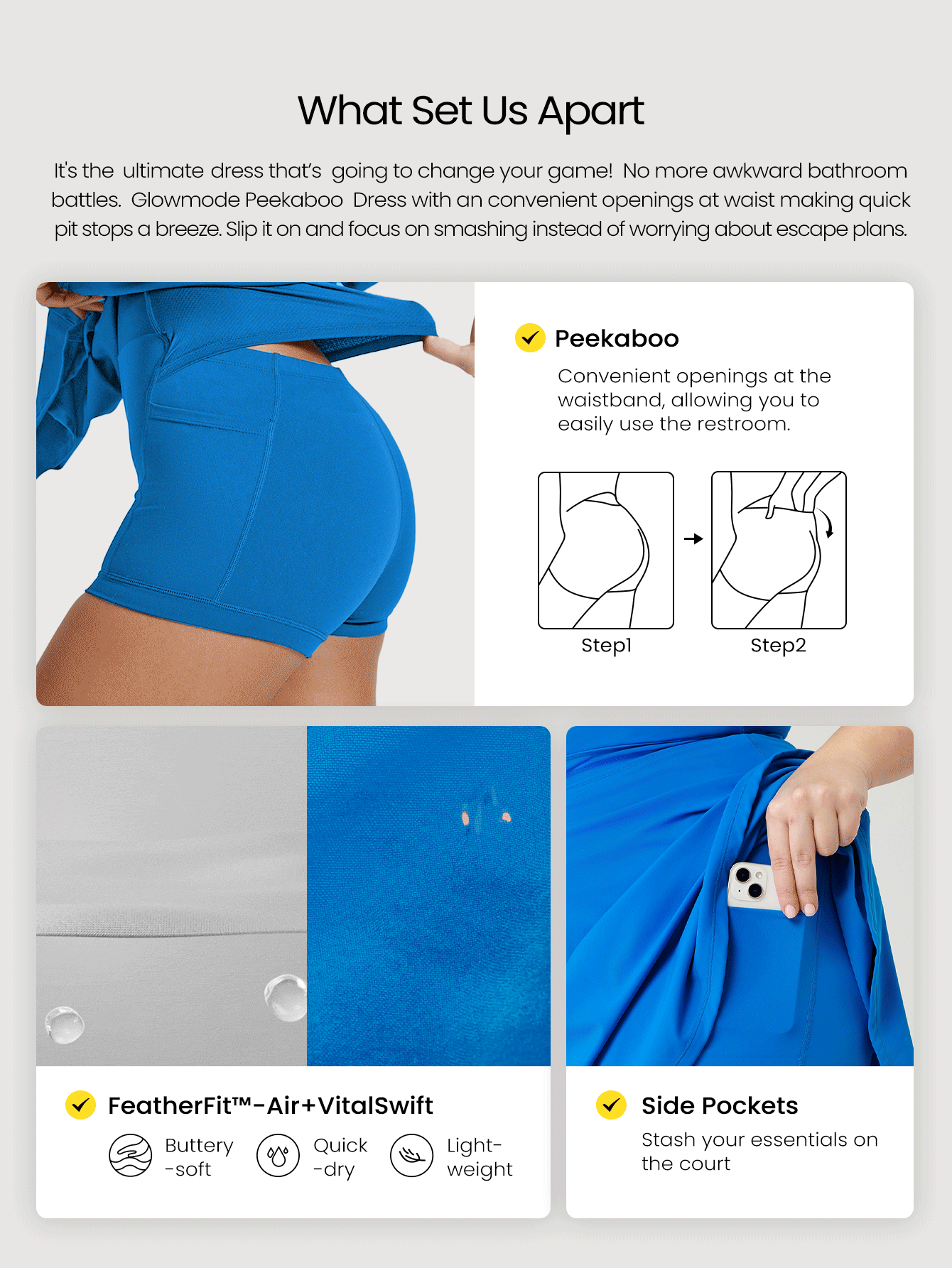 GLOWMODE فستان قصير FeatherFit™-Air للمقاسات الكبيرة، مع حمالات متقاطعة وخصر قابل للسحب، به شورت داخلي، مناسب للتنس والأنشطة اليومية العادية ذات التأثير المنخفض