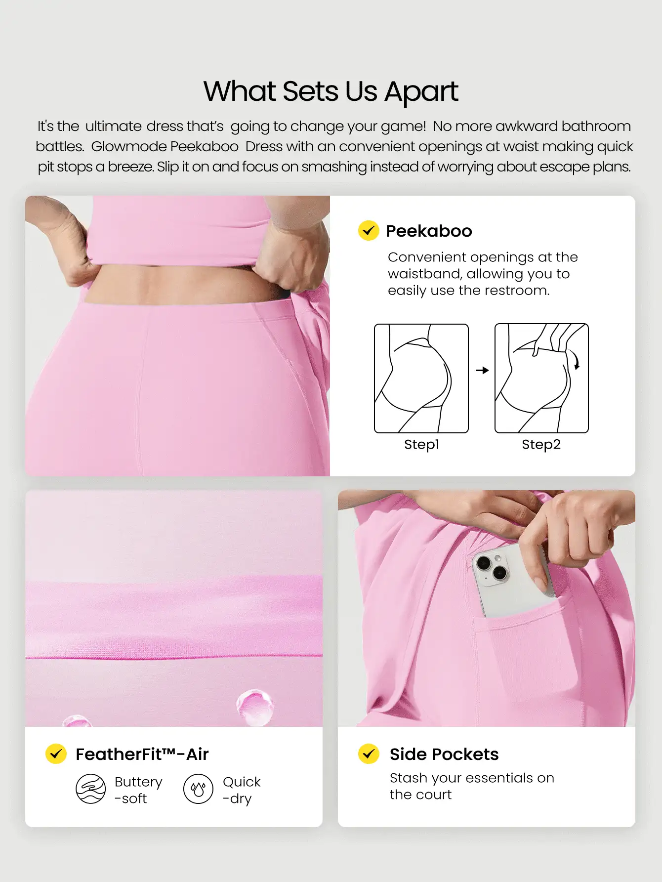 GLOWMODE FeatherFit™-Air Peekaboo 日常内置短裤口袋防滑连衣裙轻度支撑低冲击瑜伽工作室春季连衣裙夏季速干吸湿排汗 - 泡泡糖粉 - 查看 3