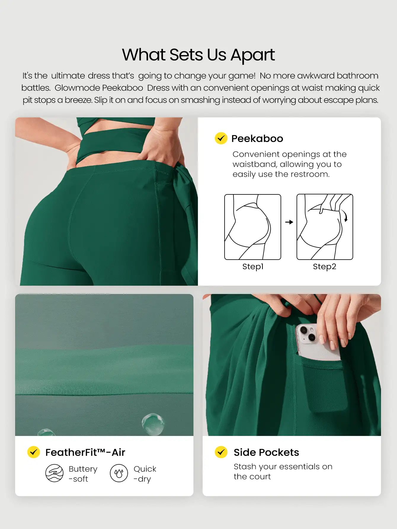 GLOWMODE FeatherFit™-Air Game Set A字形内置Peekaboo短款打结口袋吊带连衣裙低冲击日常夏季速干吸湿排汗 - 綠色 - 查看 2