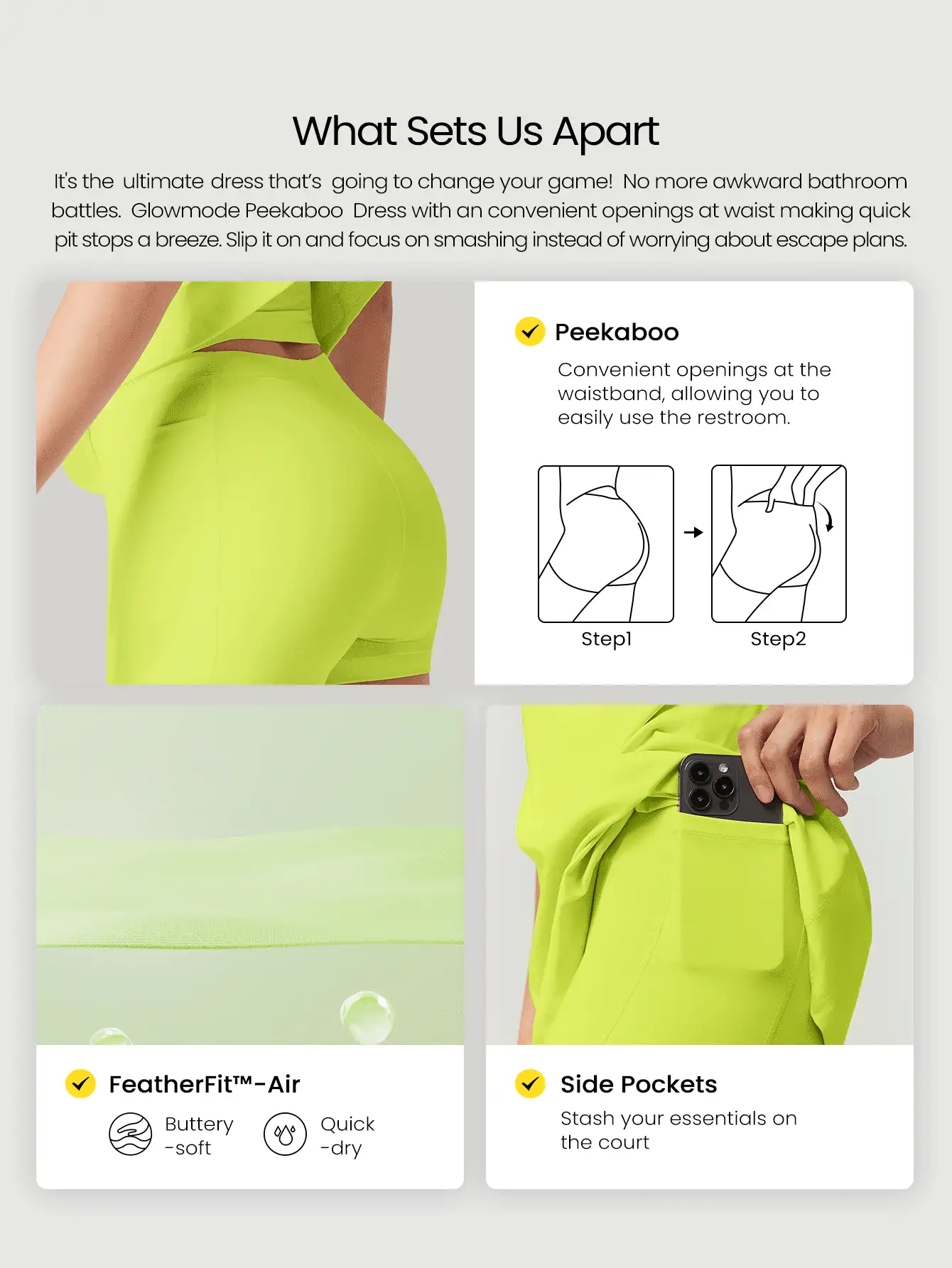GLOWMODE FeatherFit™-Air Elevate A字形内置Peekaboo短口袋迷你吊带裙低冲击日常夏季速干吸湿排汗 - 黃色 - 查看 2