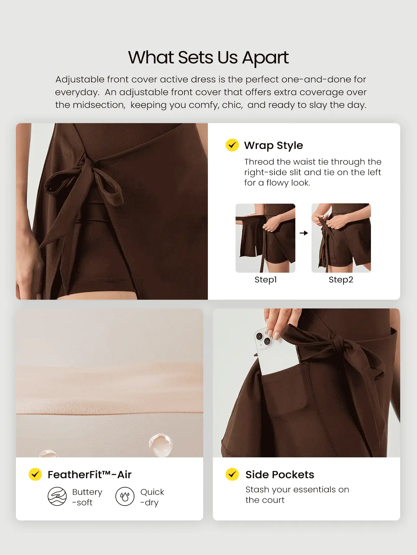 GLOWMODE FeatherFit™-Air 吸汗速干无袖前盖高领中长连衣裙低冲击日常休闲装可拆卸罩杯