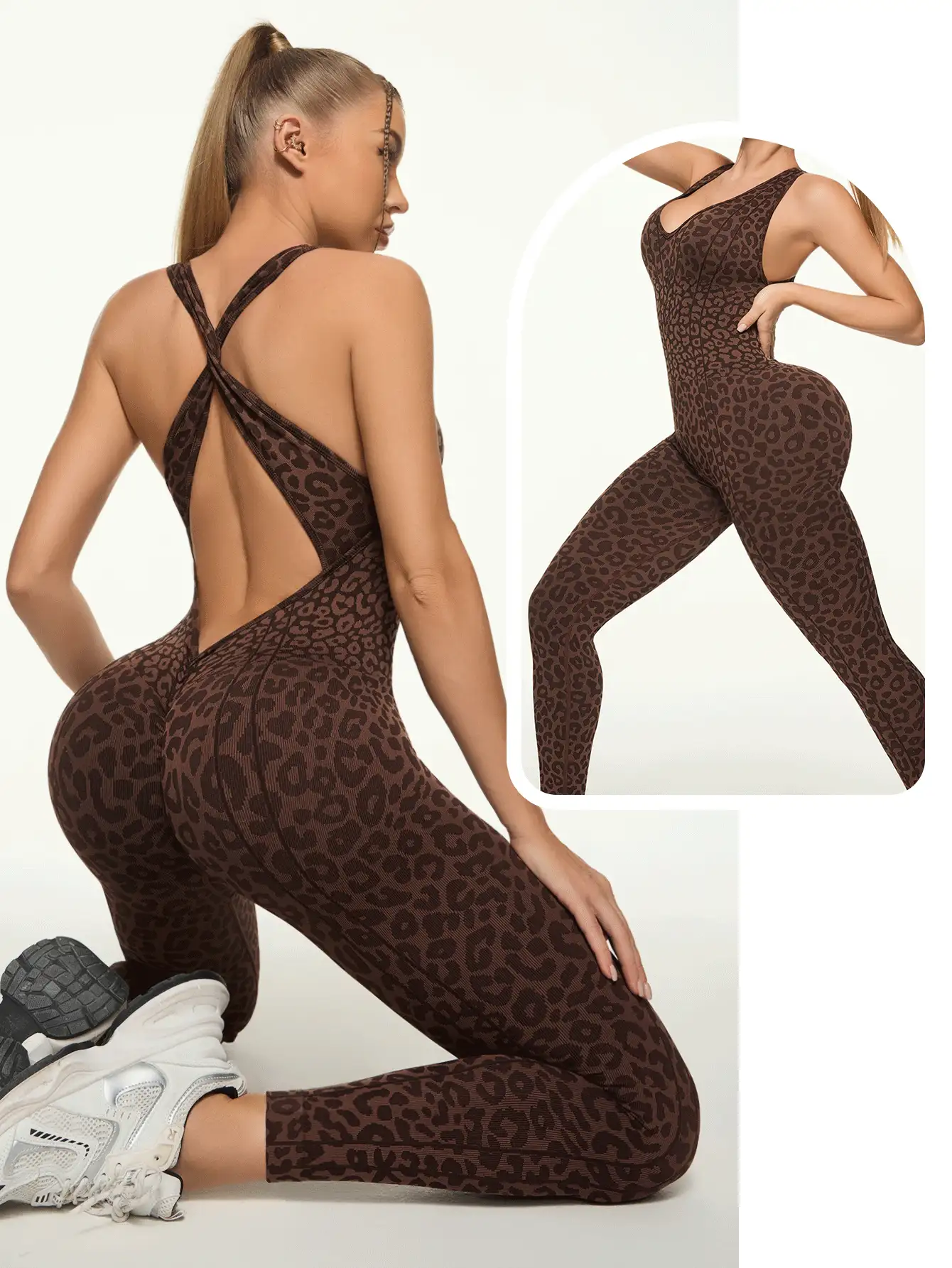 Easithlete 1pc Women Leopard Print Jumpsuit Yoga Workout Tights Gym Women Outfit  Brown Set  Brown Bodysuit  Pink Bodysuit - Coffee Brown - View 2