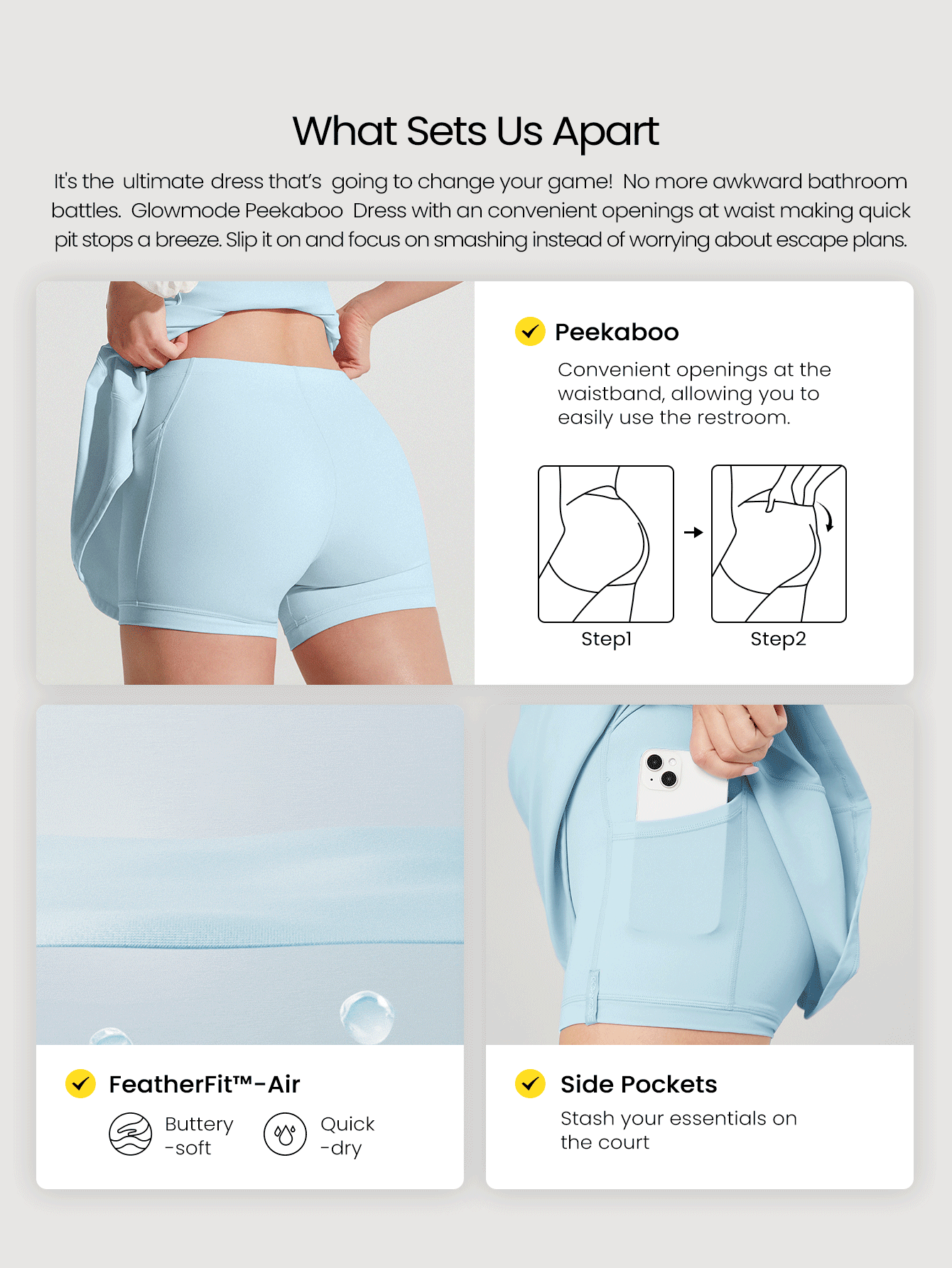 GLOWMODE Váy ngắn Peekaboo FeatherFit™-Air có quần short tích hợp, cổ vuông bỏ túi, chống trượt, dáng chữ thập, hỗ trợ nhẹ, tác động thấp, khô nhanh, thấm hút ẩm - Màu xanh nước - Xem 2