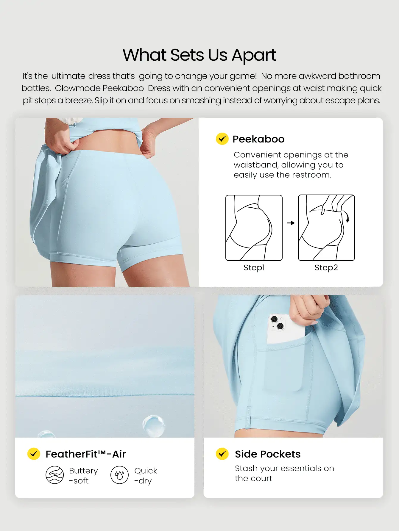 GLOWMODE FeatherFit™-Air Peekaboo 迷你连衣裙，内置短裤口袋，方领，防滑交叉，轻度支撑，低冲击，速干，吸湿排汗 - 水藍色 - 查看 2