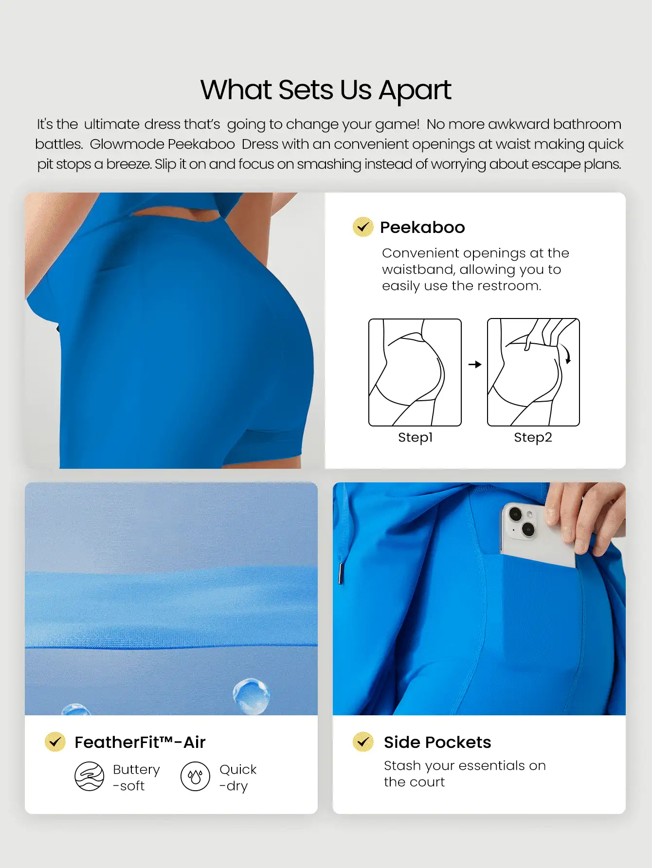 FeatherFit™-Air Cúp tích hợp Dây đeo chéo phía sau Dây rút eo Váy Peekaboo có quần short tích hợp Quần vợt tác động thấp Hoạt động hàng ngày Thường ngày - Blue Power - Xem 2