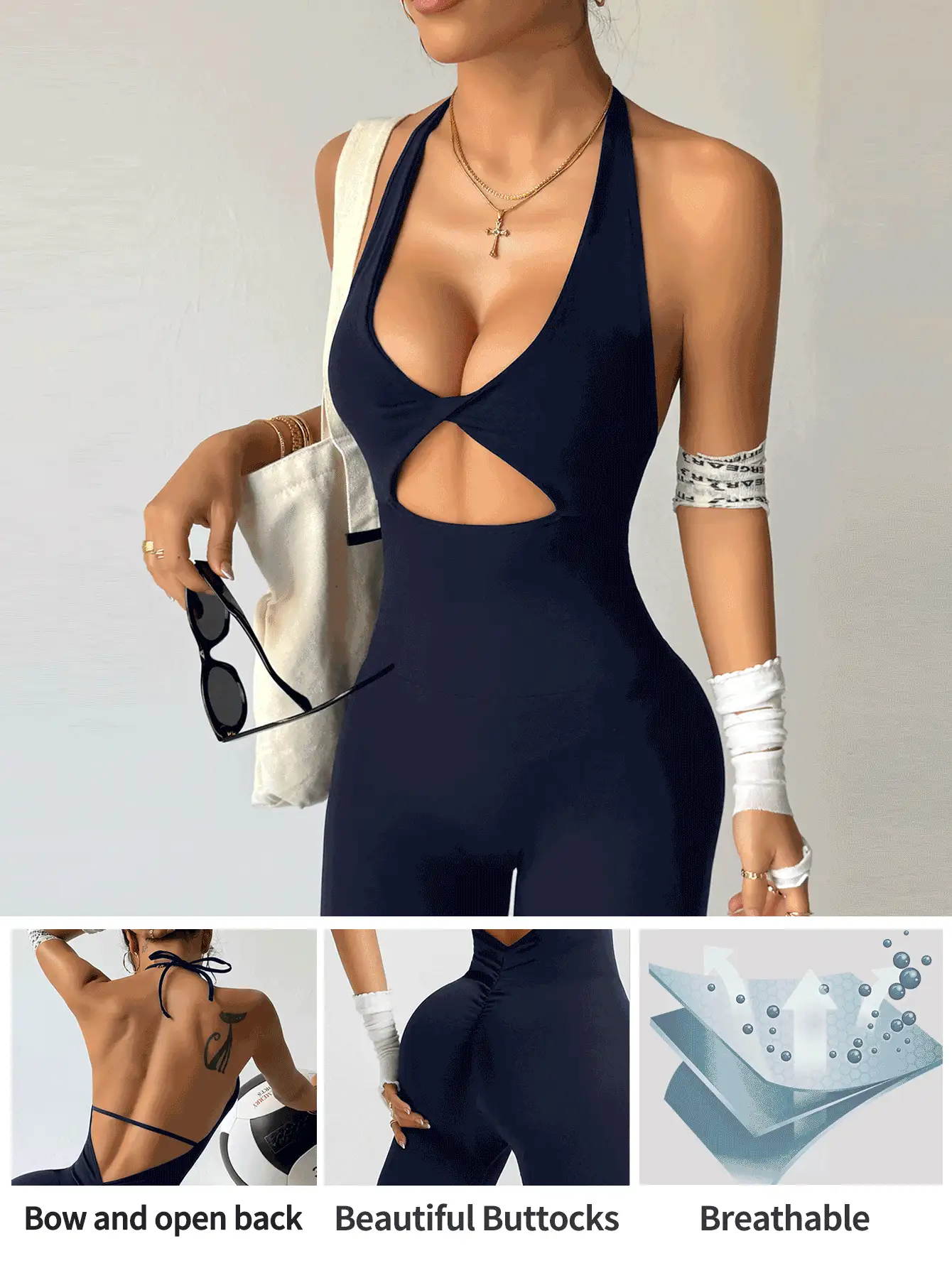 Slayform Tuta sportiva aderente e senza cuciture con spalline a spaghetti, schiena a racer e alzafondo - Blu Navy - Visualizzare 2