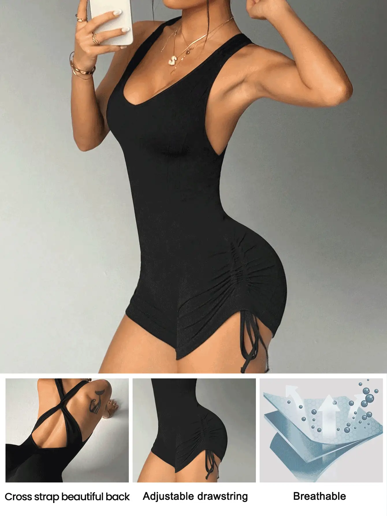 Slayform Bộ đồ liền quần thời trang màu trơn, phù hợp cho mùa hè - màu đen - Xem 2