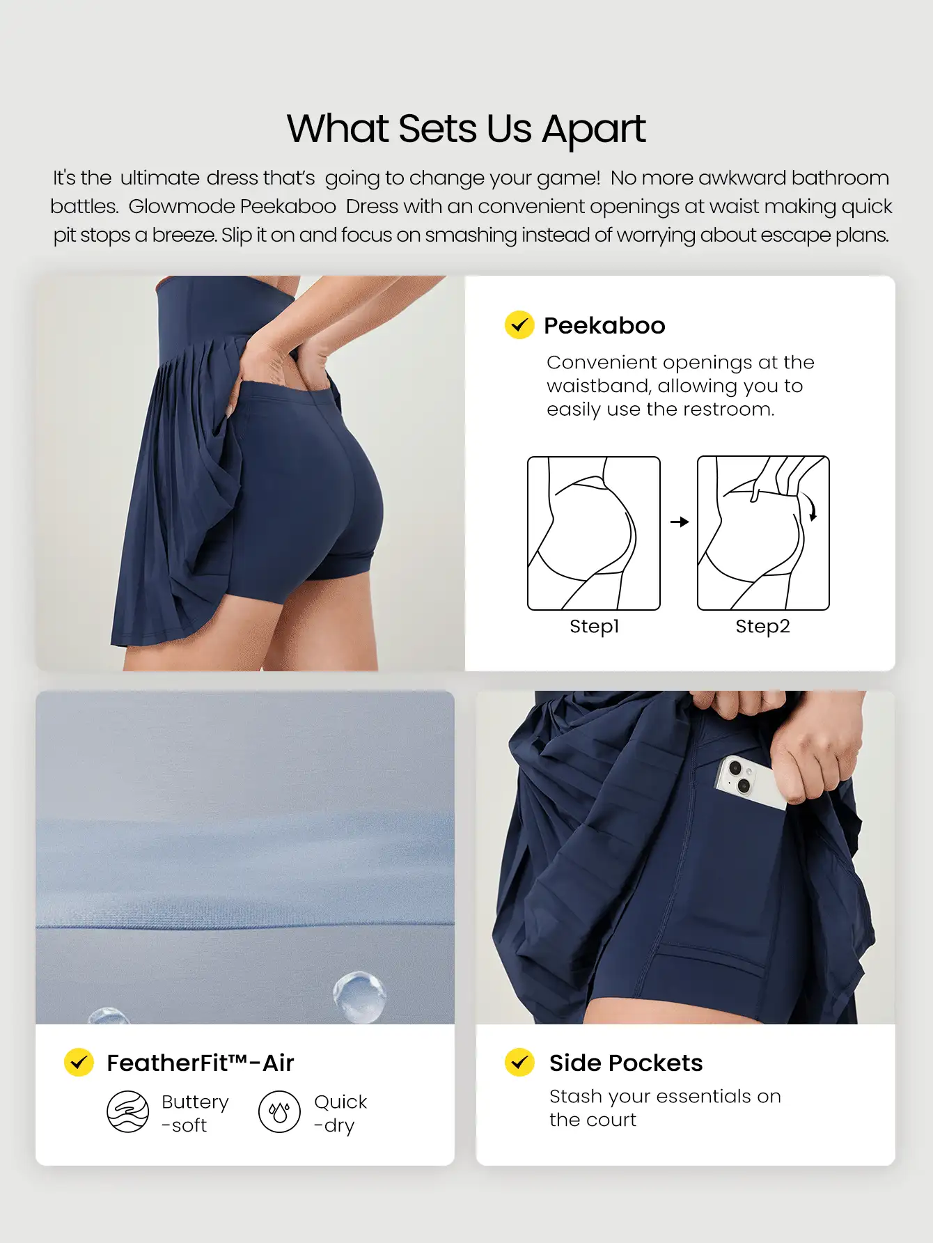 FeatherFit™-Air Schnell trocknendes Tennis Kleid mit eingebauten Körbchen, plissiertem Rückenausschnitt und hoher Taille, mittlerer Stützeffekt mit eingebauter Shorts und Seitentaschen, geeignet für Low-Impact Laufen, Training, Workout, Gym