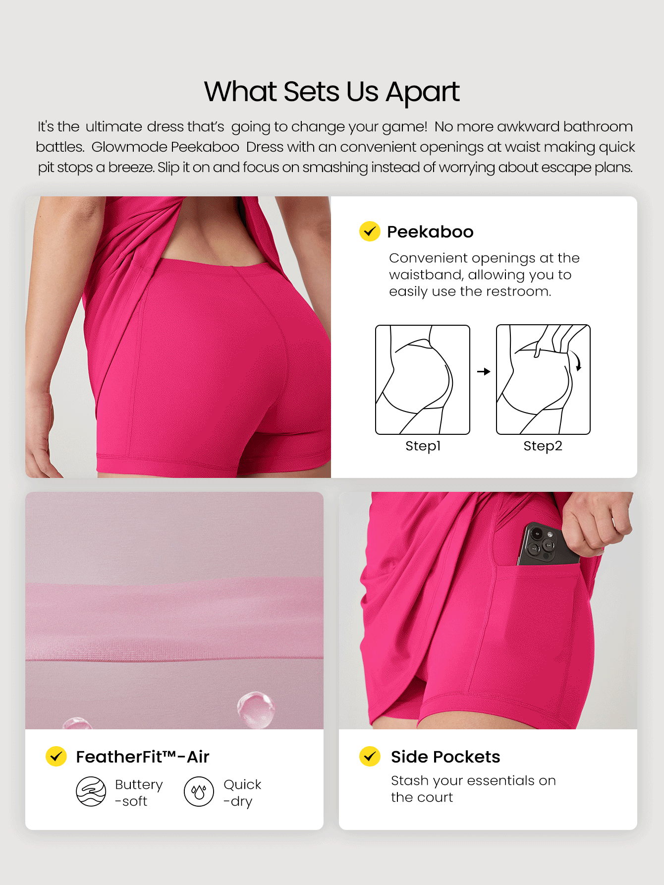 GLOWMODE FeatherFit™-Air Peekaboo 日常内置短裤口袋防滑连衣裙轻度支撑低冲击瑜伽工作室春季连衣裙夏季速干吸湿排汗 - 熱帶粉紅色 - 查看 2