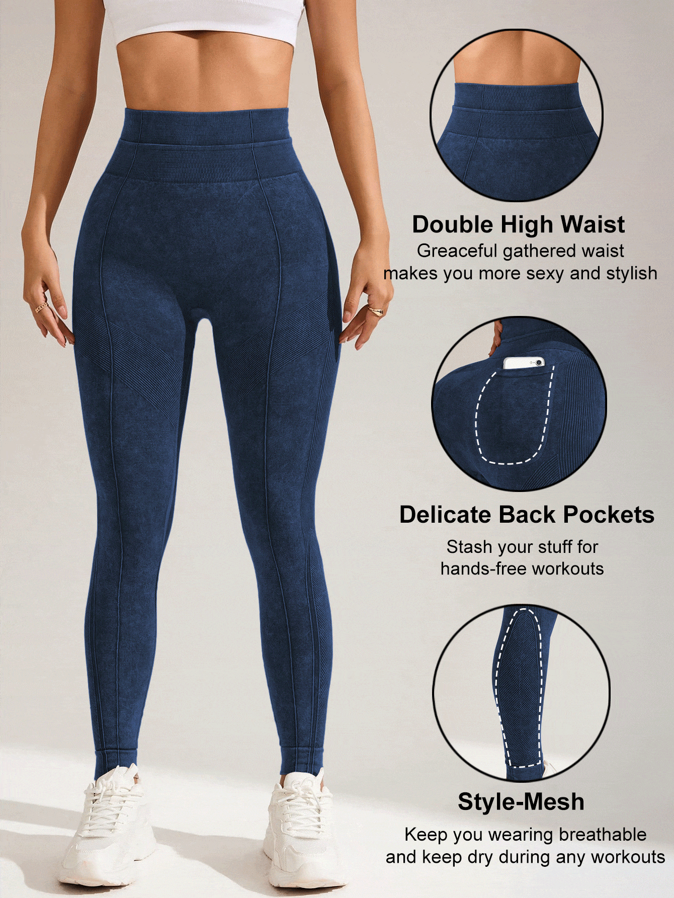 Easithlete Quần bó thể thao cạp cao liền mạch - Màu xanh lam - Xem 4