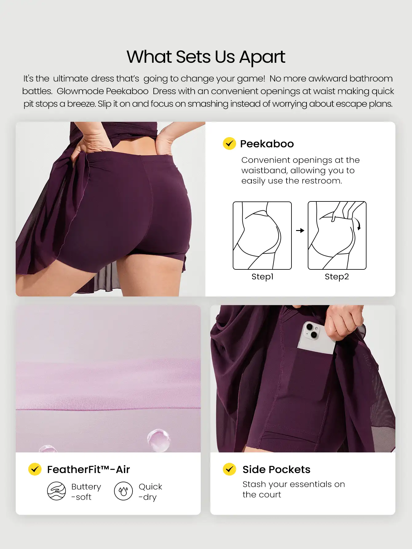 Abito in stile ballerina in rete plissettata con spalline a incrocio a scomparsa, coppe incorporate e grip antiscivolo, adatto per tennis, golf, pickleball e uso quotidiano a basso impatto con asciugatura rapida "FeatherFit™-Air Winning Streak"