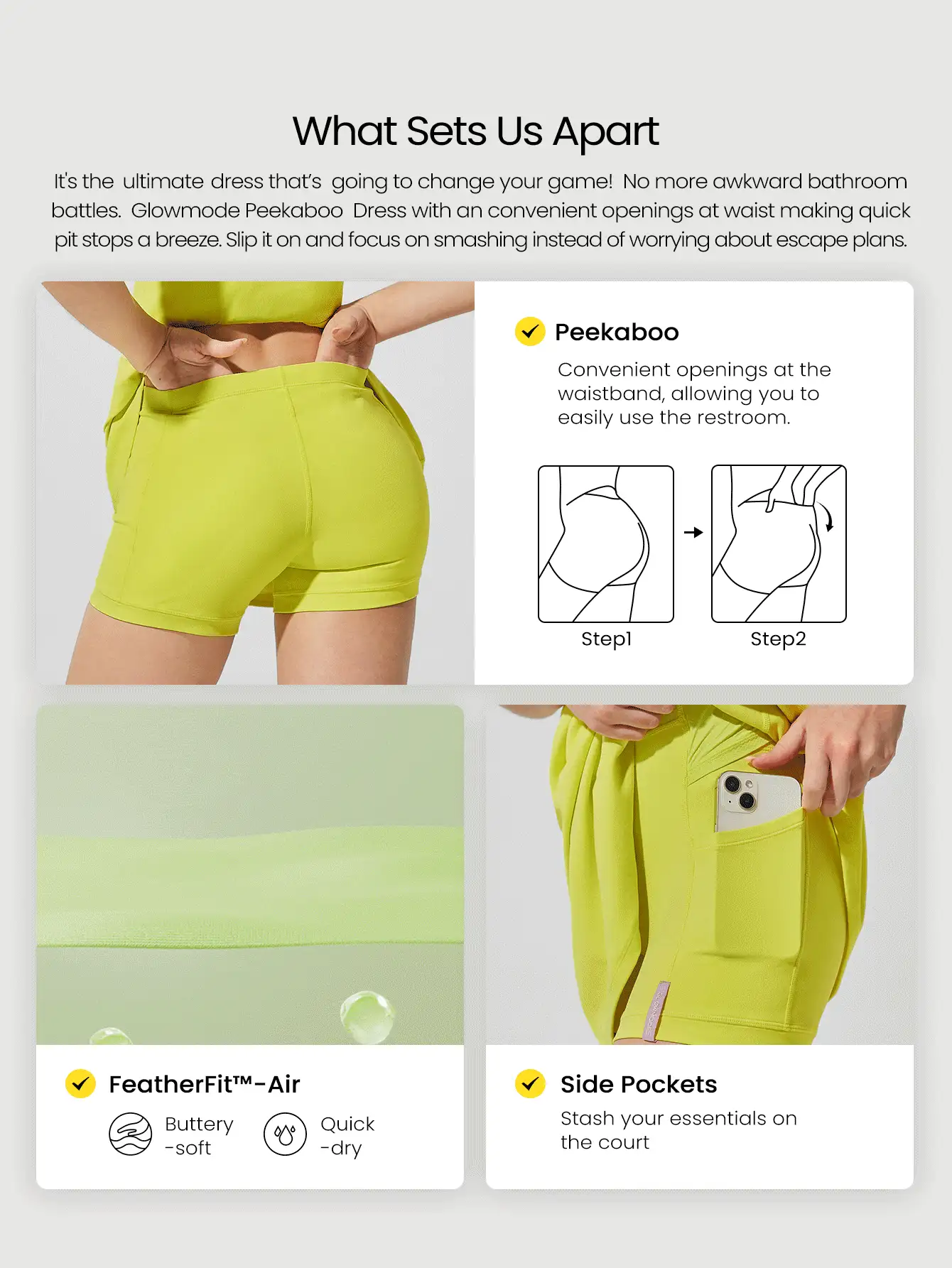 GLOWMODE FeatherFit™-Air Peekaboo 日常内置短裤口袋防滑连衣裙轻度支撑低冲击瑜伽工作室春季连衣裙夏季速干吸湿排汗 - 黃色 - 查看 2