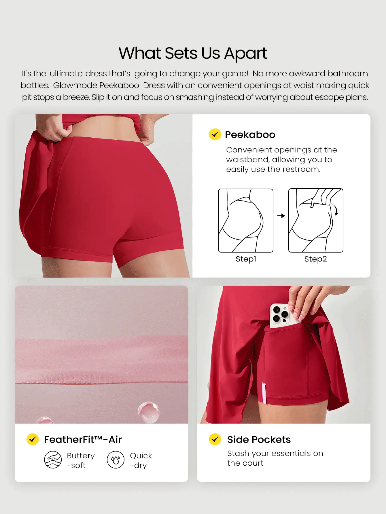 GLOWMODE Quick-Dry Dress To Impress Peekaboo Double Layer Active Dress With Built-In Shorts Side Pockets Non-Slip Grips Tennis Golf Pickleball - Fiery Red - View 2