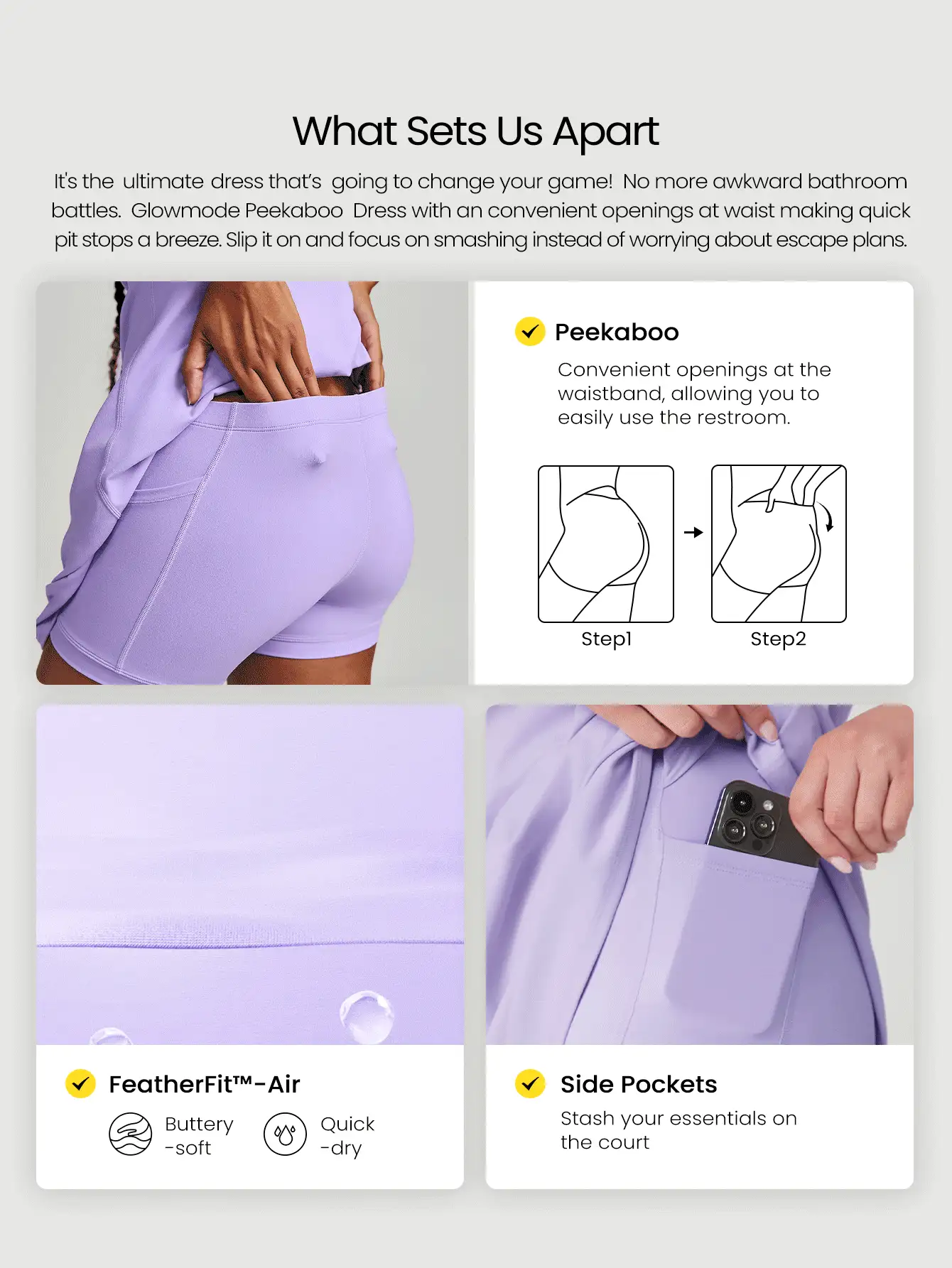 GLOWMODE FeatherFit™-Air Peekaboo Everyday Built-In Shorts Pocket Anti-Slip Dress Light Support Low Impact Yoga Studio Spring Dress Summer Quick Dry Moisture Wicking