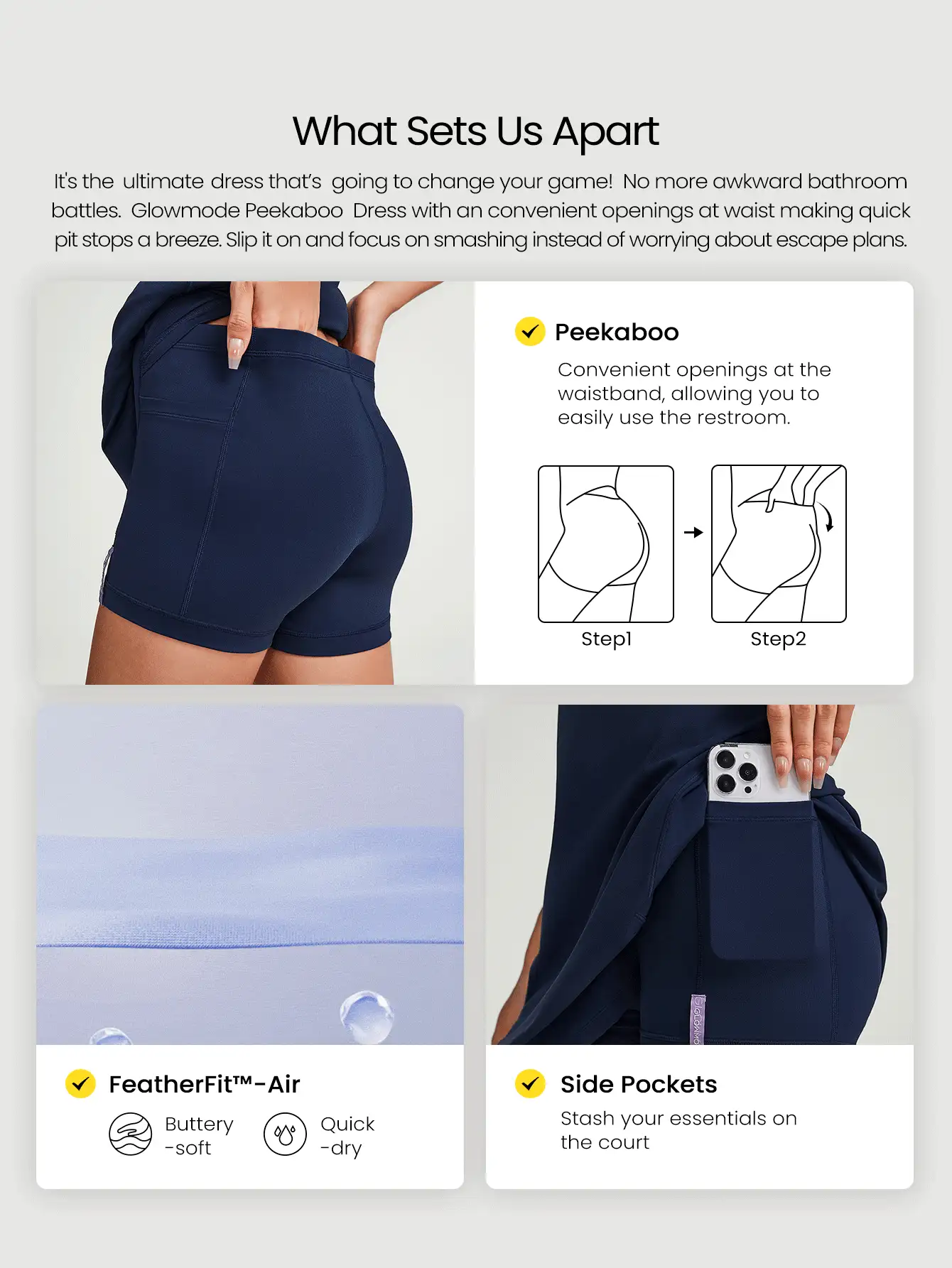 GLOWMODE Featherfit™-air Elevate A-line 蓬蓬裙短版口袋內置迷你洋裝,低度運動日常穿著