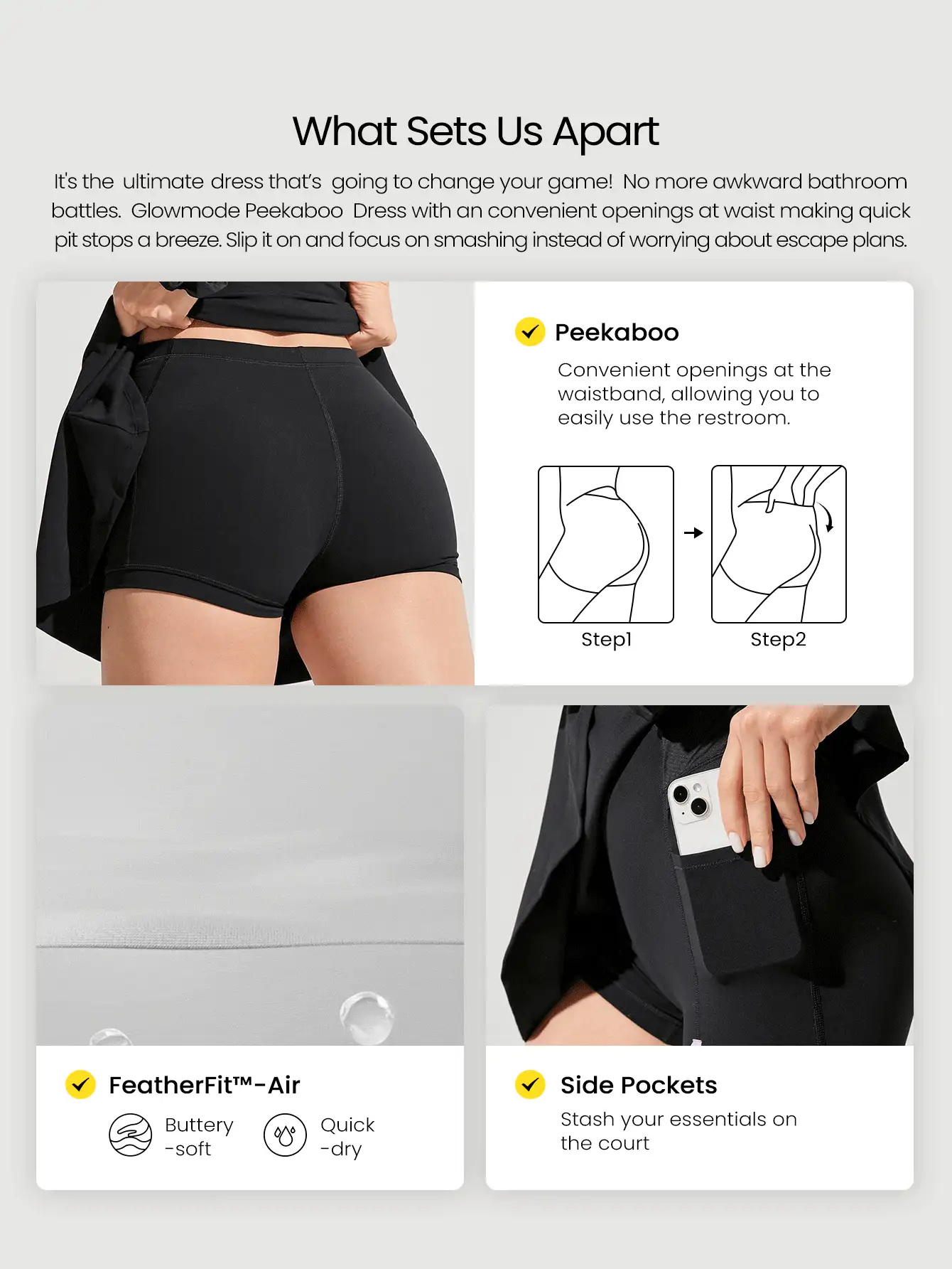 GLOWMODE FeatherFit™-Air Peekaboo Mini Dress With Built-In Shorts Pocket Square Neck Anti-Slip Crisscross Light Support Low Impact Quick Dry Moisture Wicking