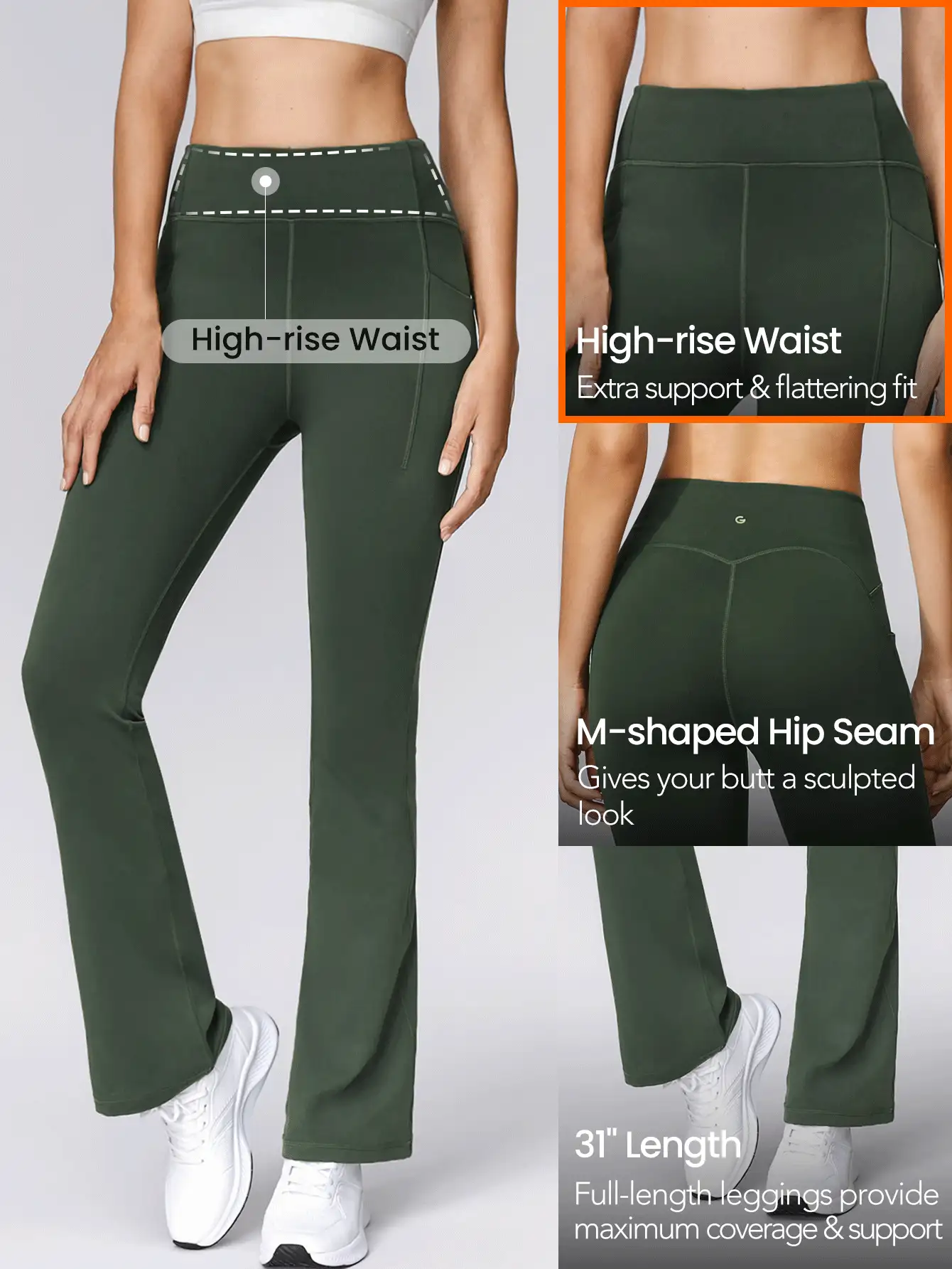 31" Fleece High Waist Flared Leggings Pants With Side Pockets Low Impact Yoga Pilates Daily Fall Winter