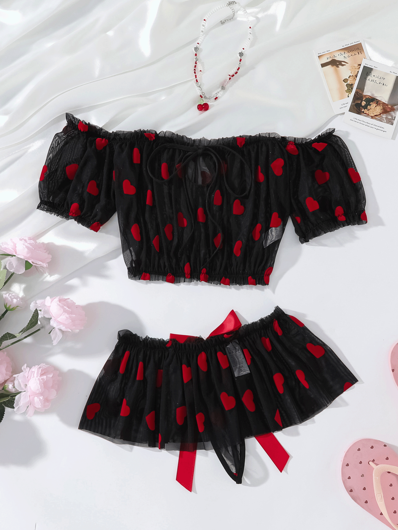 SHEIN 草莓水果印花褶皱透视系带吊带背心露背性感女士内衣套装 - 黑色 - 查看 6