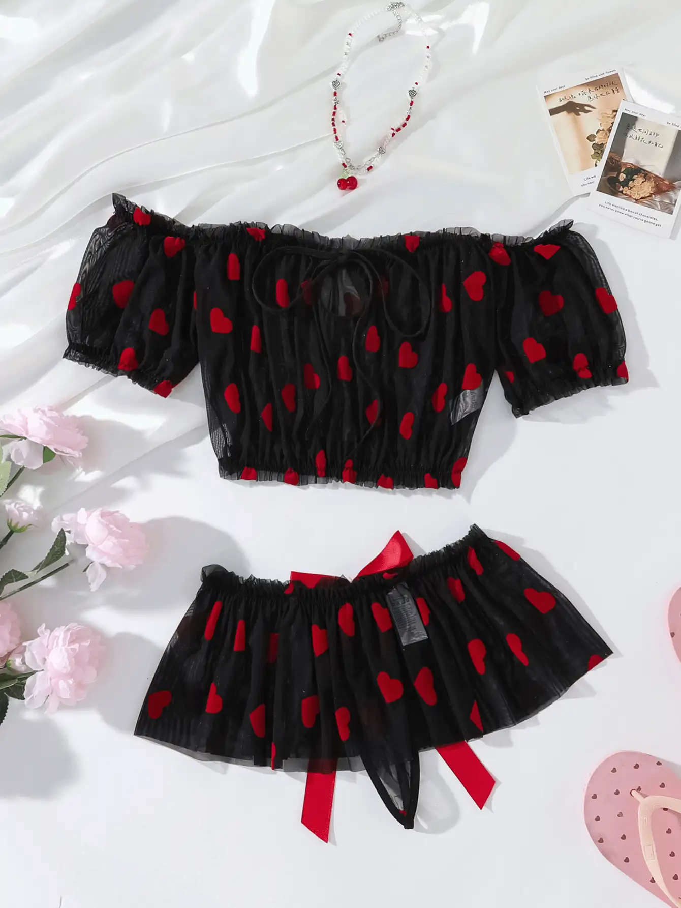 SHEIN 草莓水果印花褶皱透视系带吊带背心露背性感女士内衣套装 - 黑色 - 查看 6