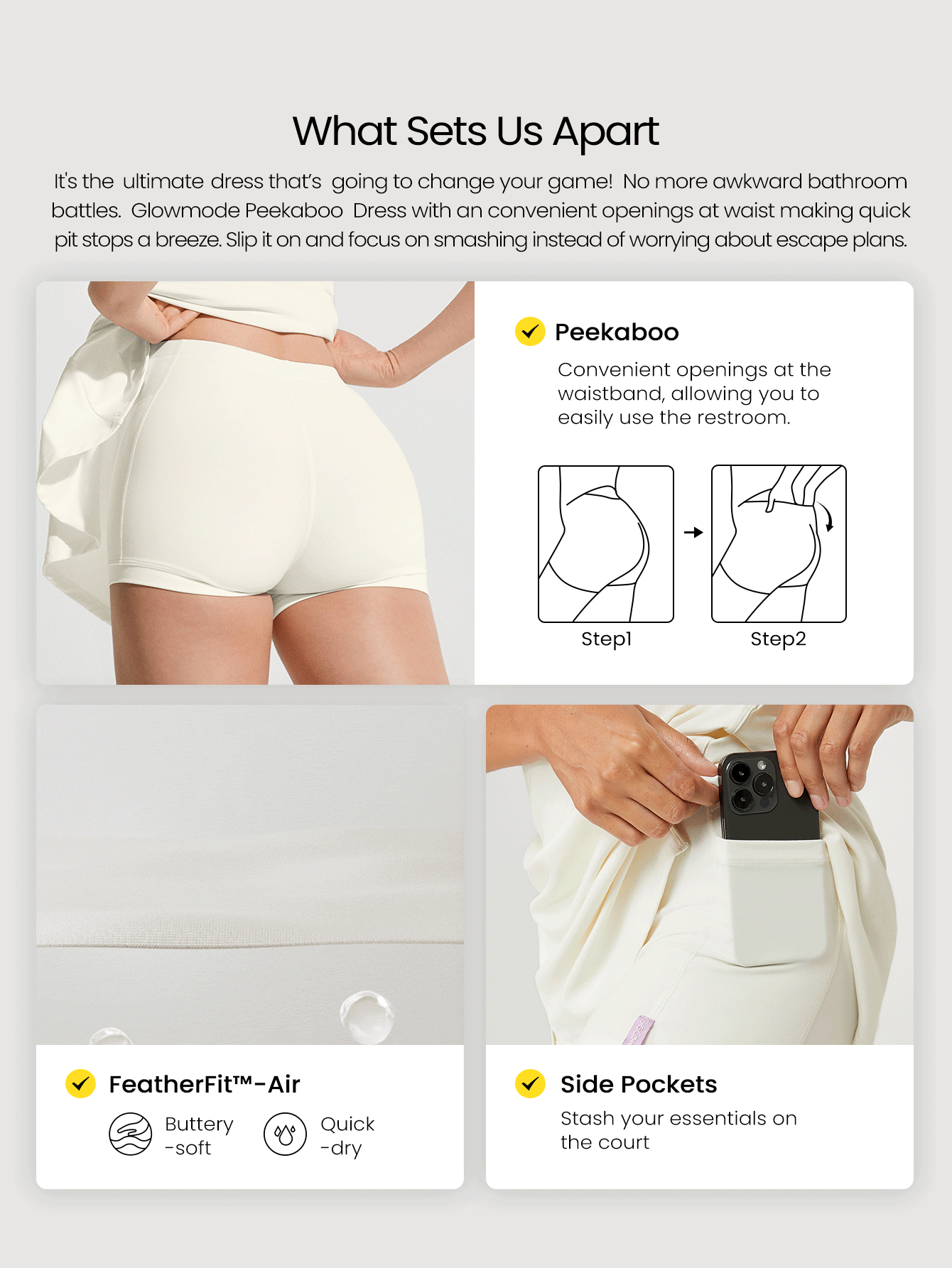 GLOWMODE FeatherFit™-Air Elevate A 字形内置 Peekaboo 短口袋迷你吊带裙低冲击日常夏季 - 白色 - 查看 2