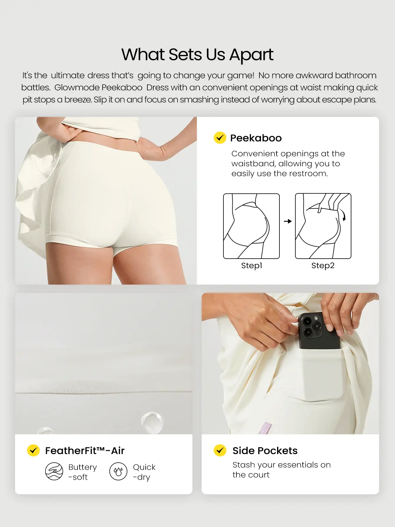 FeatherFit™-Air Elevate A-Line Built-In Peekaboo Short Pocket Mini Slip Dress Low Impact Daily Summer Quick Dry Moisture Wicking