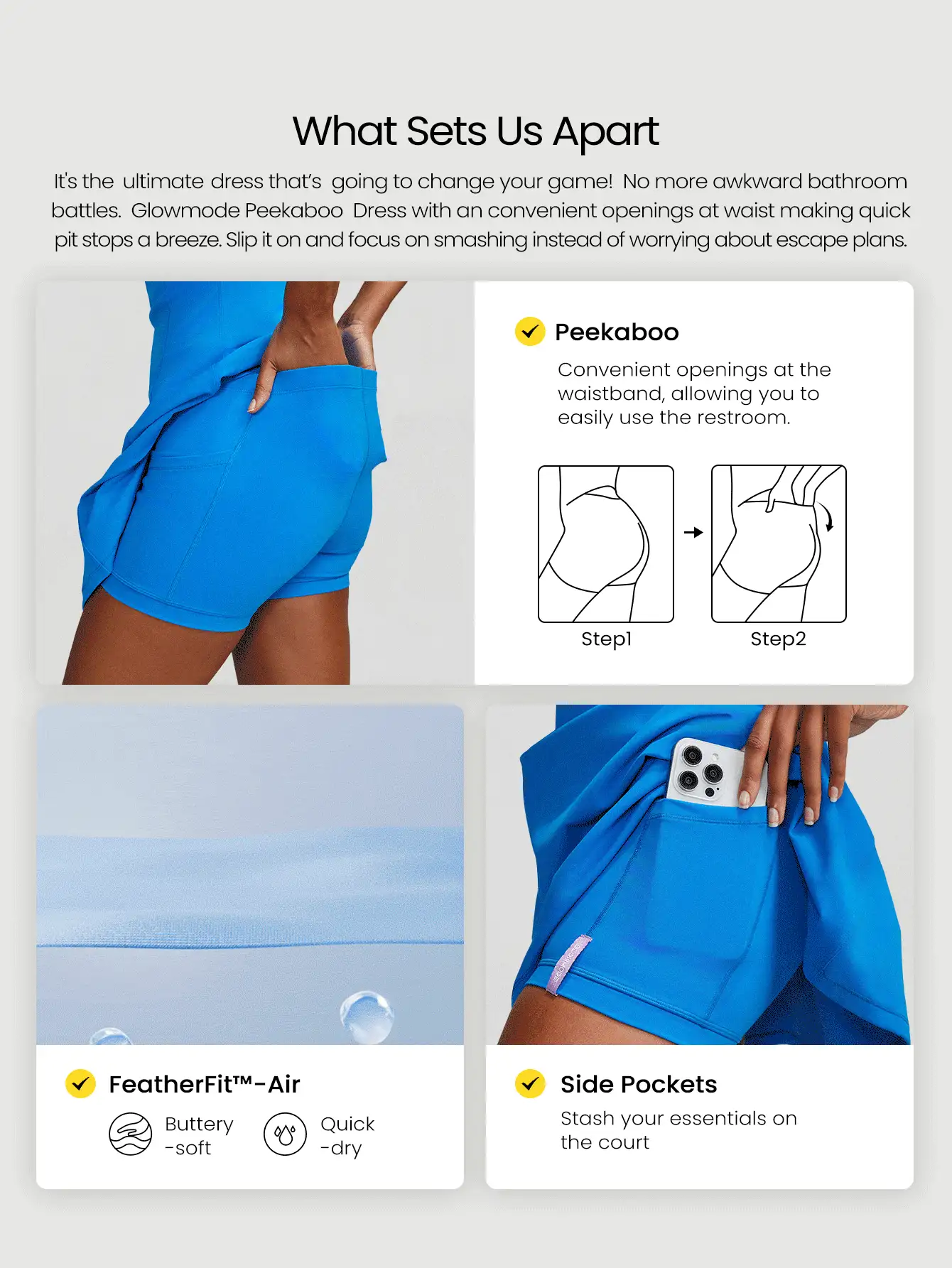 GLOWMODE FeatherFit™-Air Peekaboo Mini Dress With Built-In Shorts Pocket Square Neck Anti-Slip Crisscross Light Support Low Impact Quick Dry Moisture Wicking