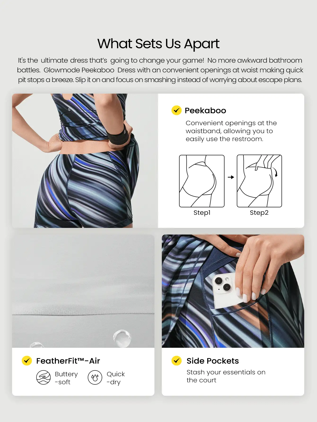 GLOWMODE FeatherFit™-Air Peekaboo 日常内置短裤口袋防滑连衣裙轻度支撑低冲击瑜伽工作室春季连衣裙夏季速干吸湿排汗 - 彩色 - 查看 2