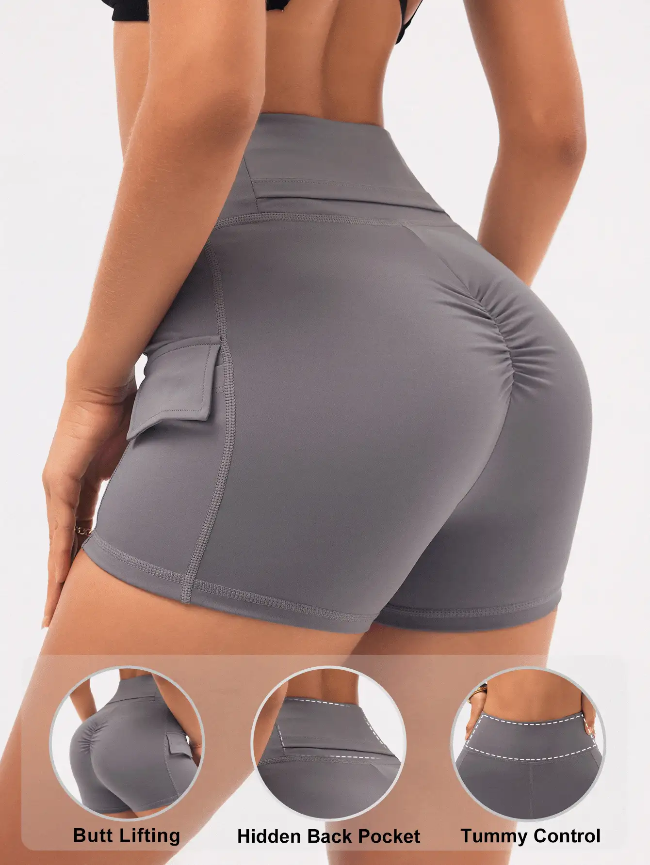 Easithlete شورتات رياضة بخصر مطاطي ذات لون واحد مع جيبين جانبيين وجيب في الخلف، شورتات لاعبي الدراجات من نسيج سبانديكس - رمادي - مشاهدة 2