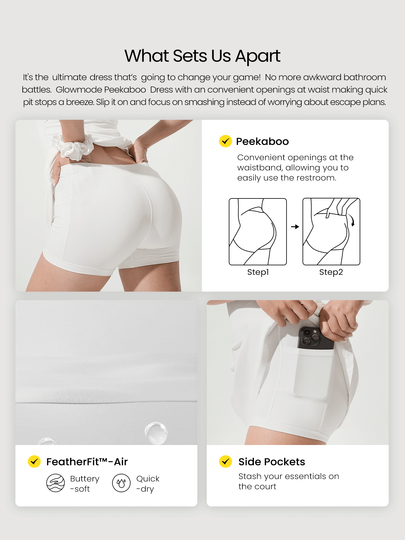 GLOWMODE FeatherFit™-Air 周末爱好者可调节细肩带镂空后背撞色运动连衣裙低冲击网球高尔夫匹克球日常休闲装 - 白色 - 查看 2