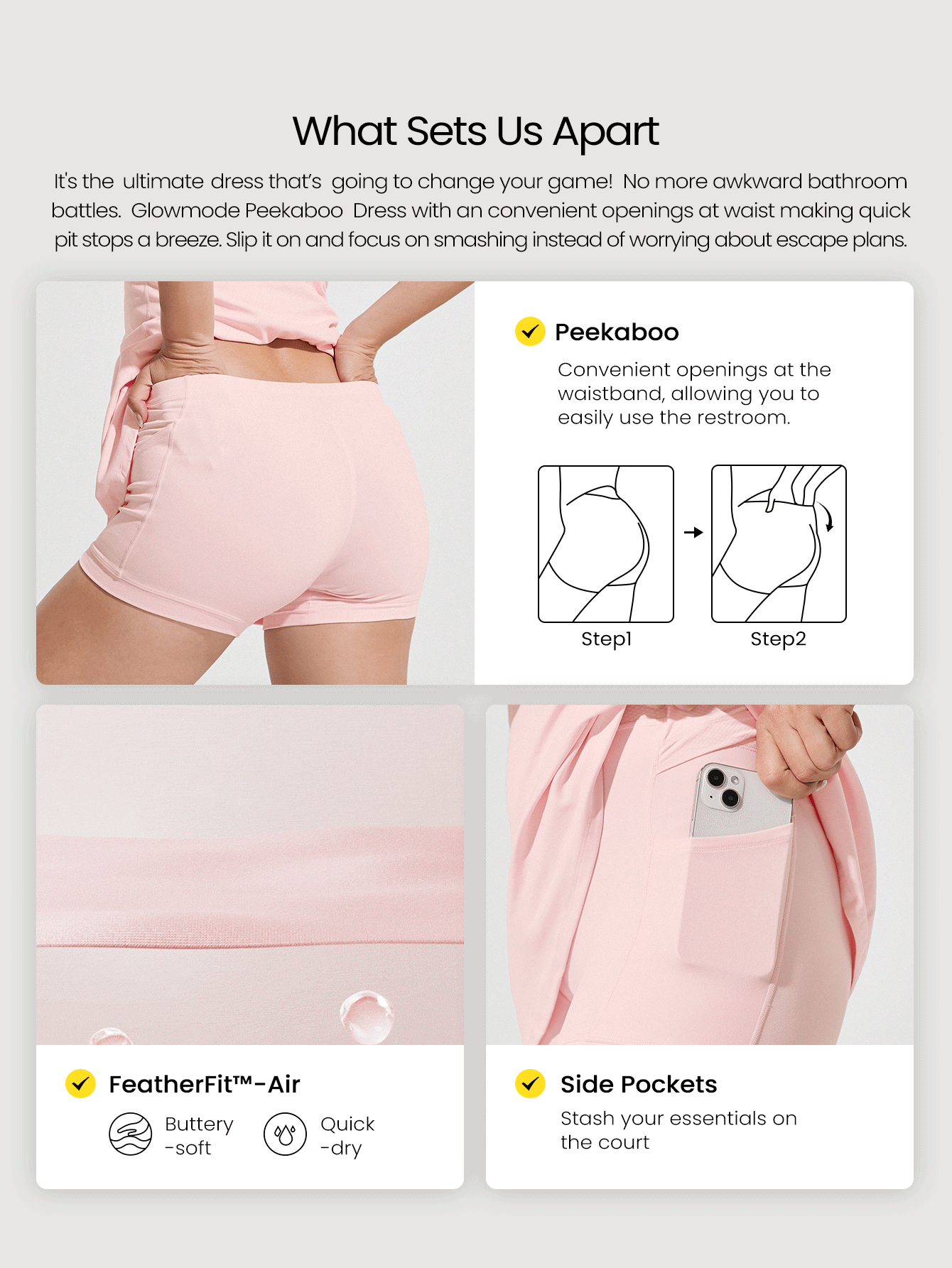 GLOWMODE FeatherFit™-Air Peekaboo Quần đùi mặc hàng ngày có túi chống trượt, hỗ trợ nhẹ, tác động thấp, tập yoga, váy mùa xuân, mùa hè, khô nhanh, thấm hút ẩm - Màu Hồng baby - Xem 2