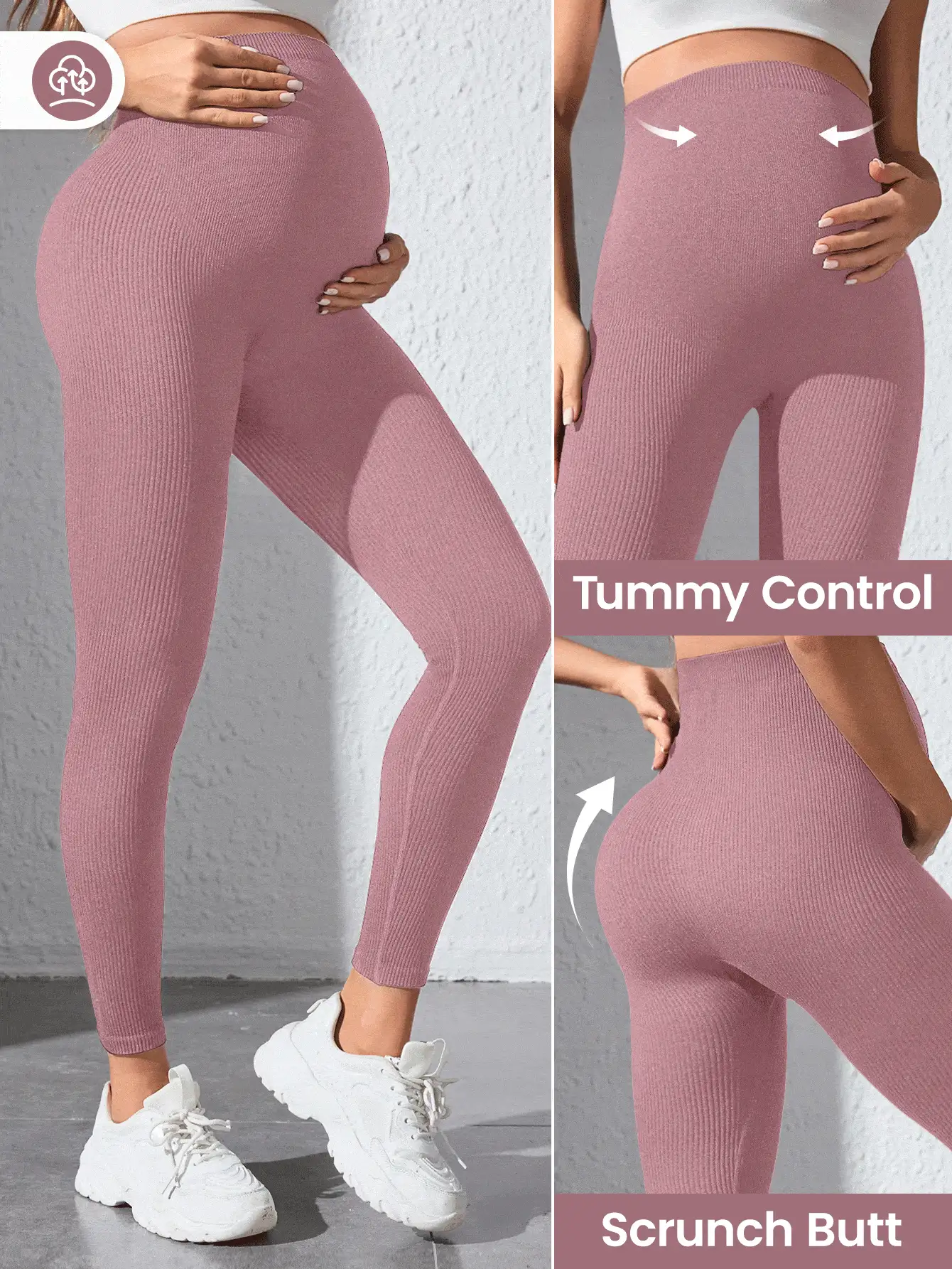 SHEIN Black Seamless Maternity Leggings, Fashionable For Summer - Dusty Pink - View 3