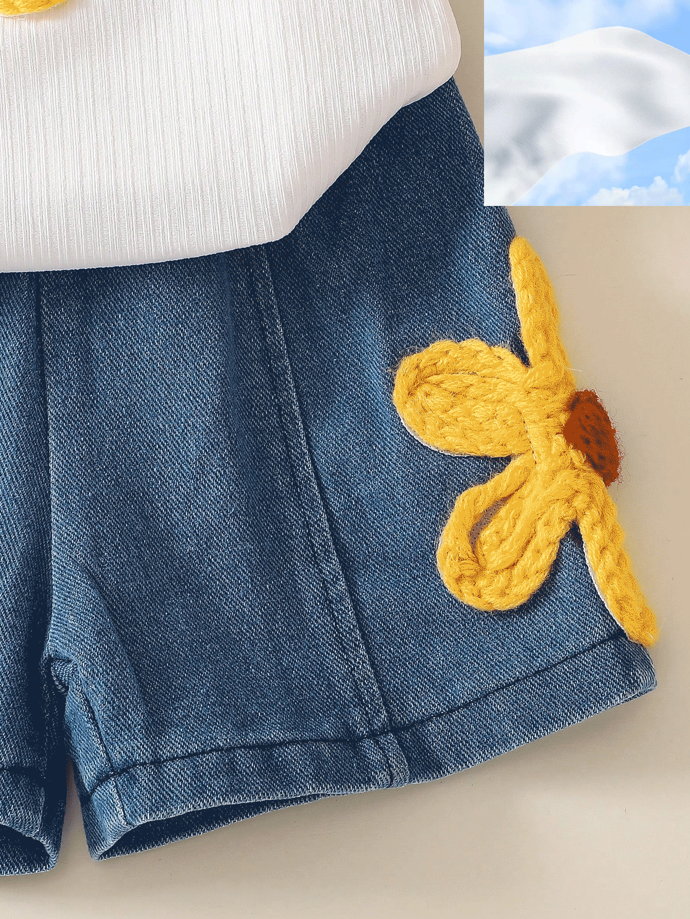 Setelan 2 Potong untuk Balita Perempuan, Atasan Tank Tanpa Lengan + Celana Pendek Denim, Musim Panas 2025 - Putih - View 6