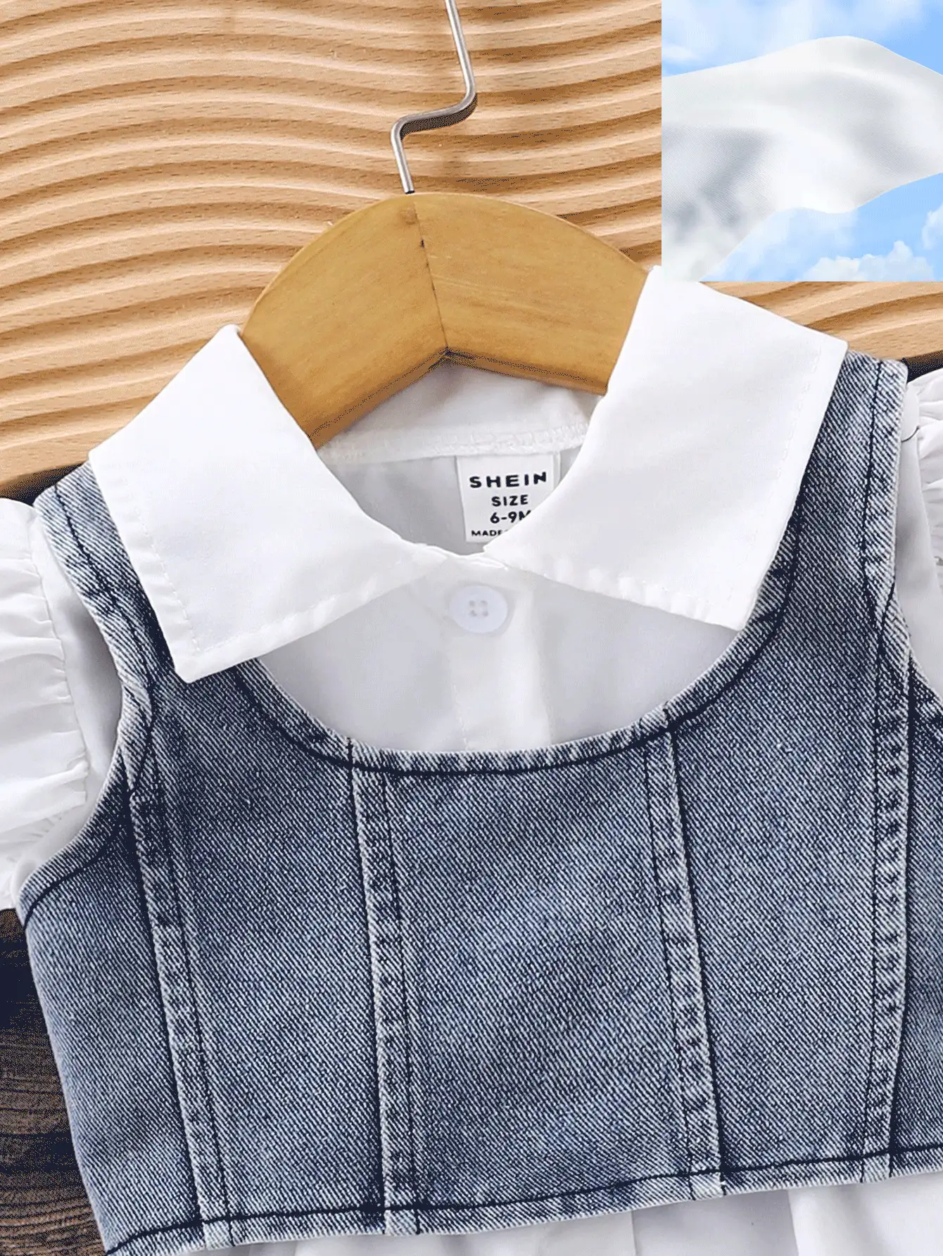 SHEIN 寶寶女孩夏季白色短袖連衣裙搭配牛仔背心,休閒裝 - 藍白色 - 查看 8