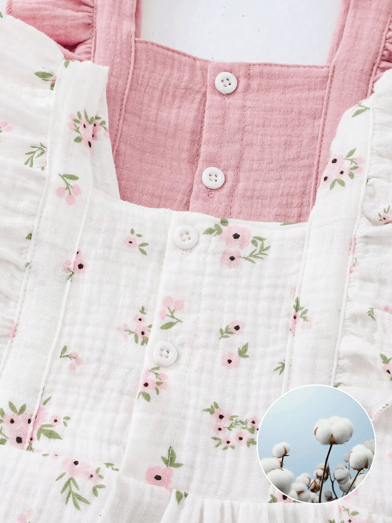 SHEIN Playful Pals 2 件套女婴休闲日常紫红色纯色和花卉印花无袖舒适百搭夏季连衣裙,适合户外玩耍或室内 - 白色 - 查看 3
