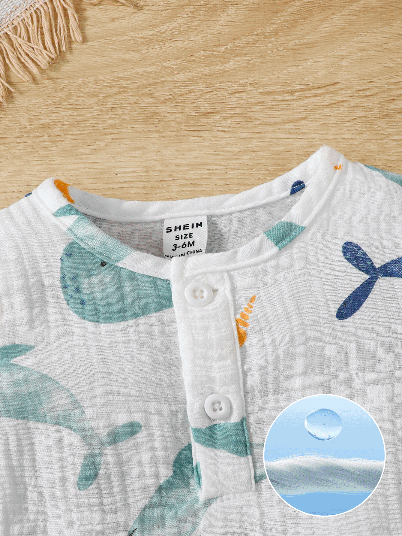 SHEIN Vintaside Kids Baby Boy Cute Ocean Animal Print Round Neck Button Short Sleeve T-Shirt, Shorts And Sun Protection Hat 3pcs/Set, Casual
